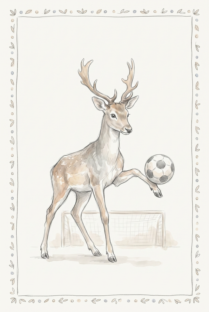 Soccer ball balancing deer wall art featuring a deer with antlers balancing a ball on its leg in front of a goal.