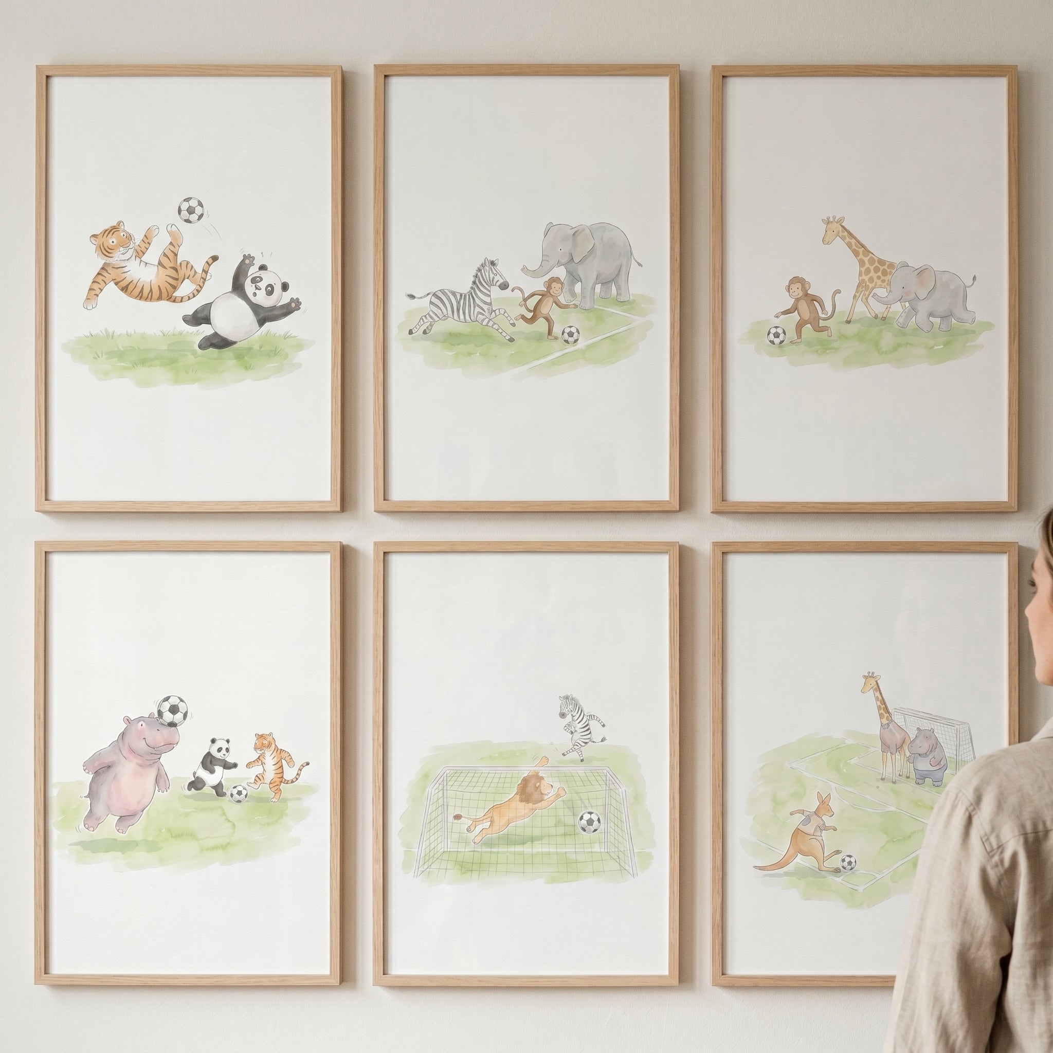 Soccer Playing Safari Animals Wall Art Set of 6 - Jungle Football Fun