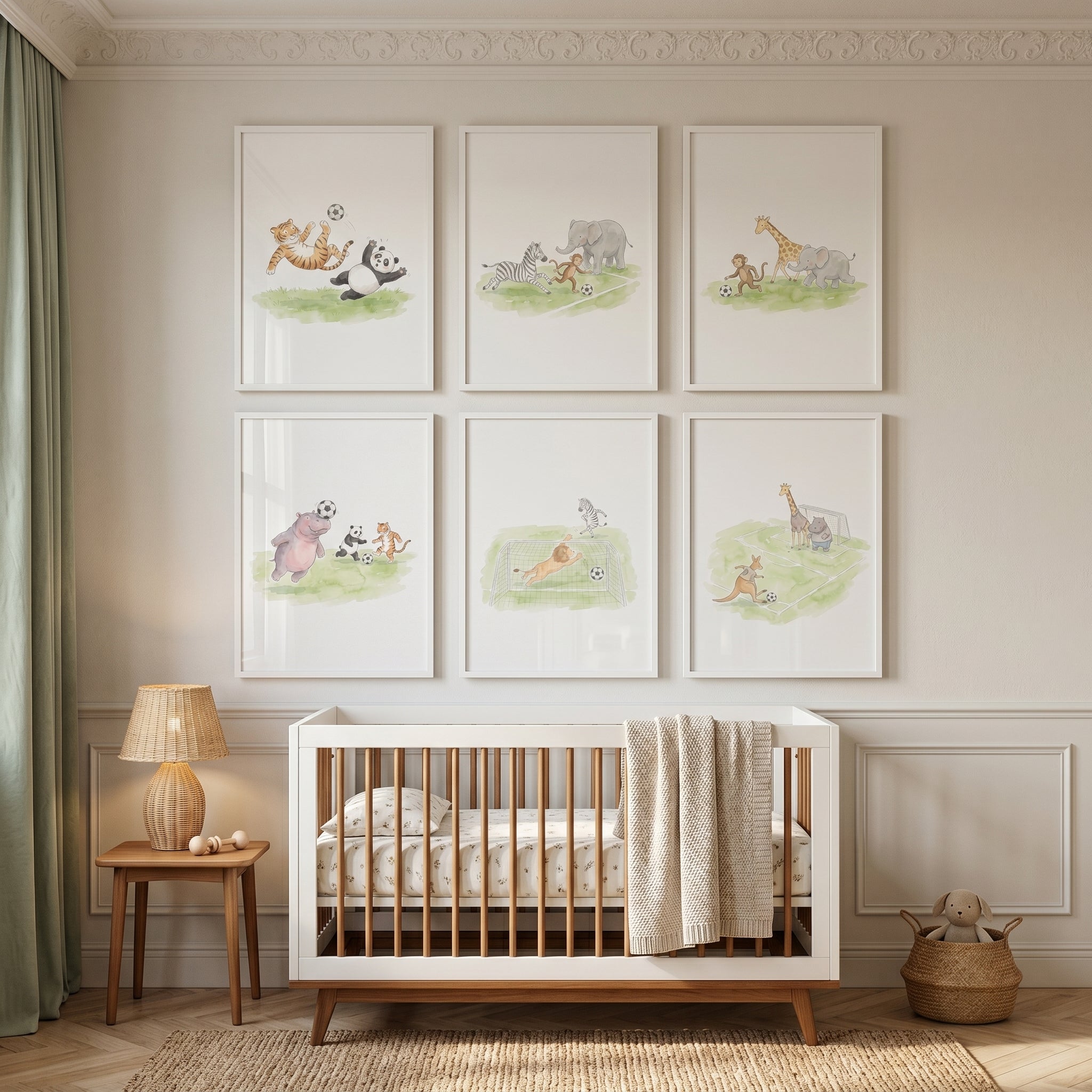 Soccer Playing Safari Animals Wall Art Set of 6 - Jungle Football Fun