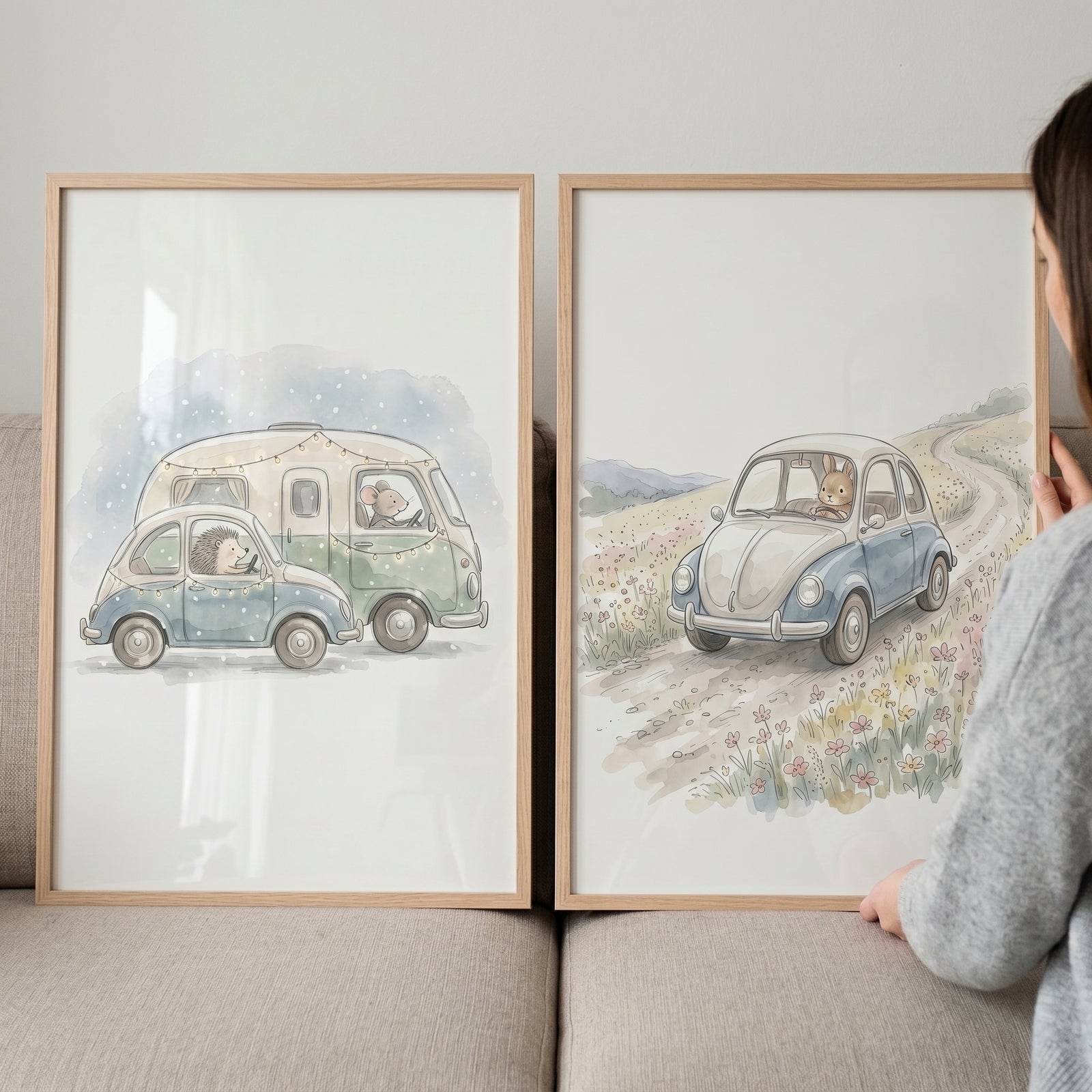 Soft adventurous traveling animals wall art set of 2 with a rabbit, hedgehog, and mouse in vintage cars and a van.