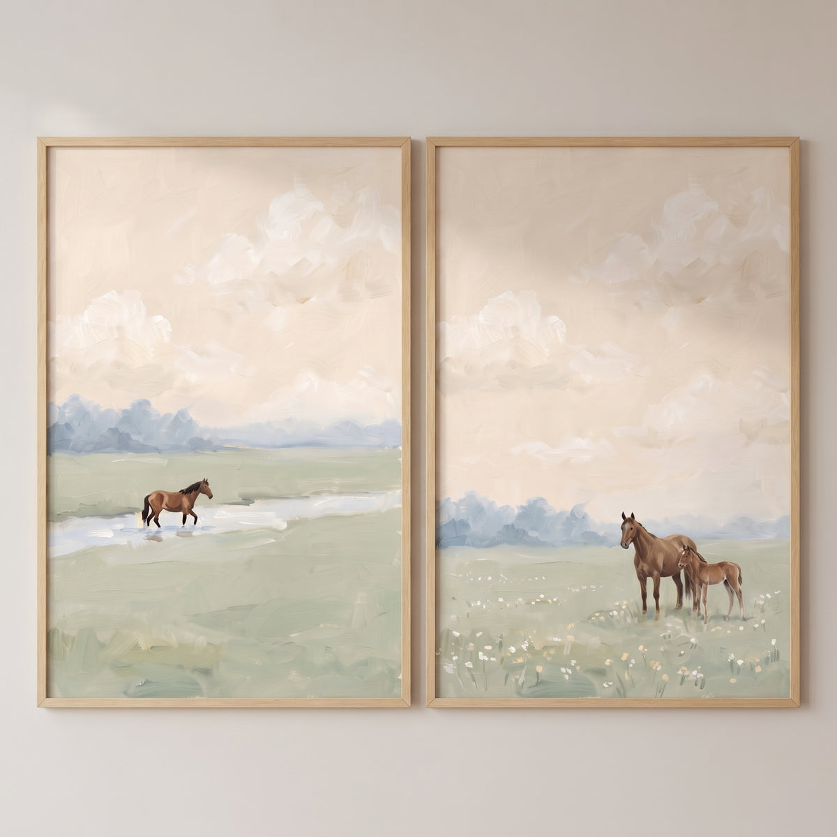 Soft amber sky horse wall art set of 2 with brown horses in green meadows and a stream under a pale peach and cream sky.