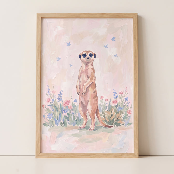 A meerkat stands among flowers and birds in this soft animal bloom meerkat floral wall art within a natural wood frame.