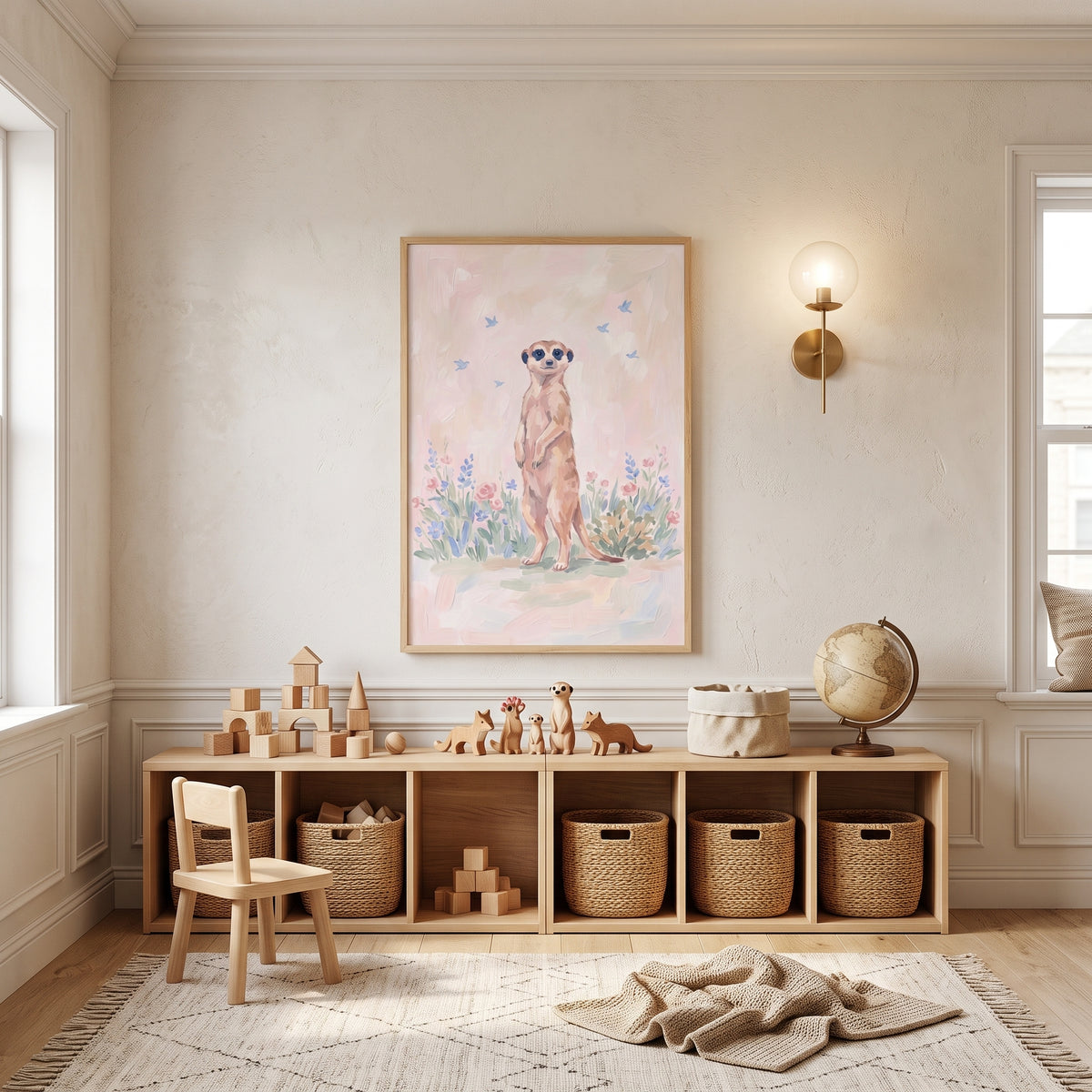 Soft Animal Bloom Meerkat Floral Wall Art - Pastel Garden Sentry