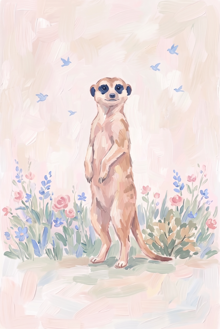 Meerkat standing in a field of pink and blue flowers with birds, soft animal bloom meerkat floral wall art.