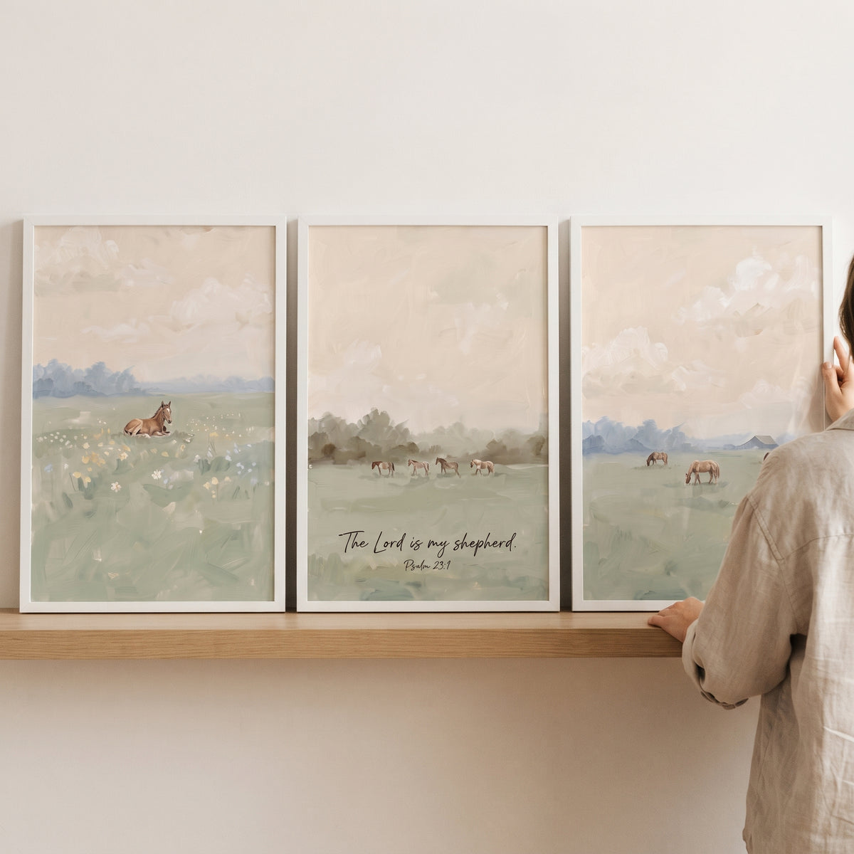 Soft apricot field horses wall art set of 3 on a shelf features grazing horses and the text The Lord is my shepherd.
