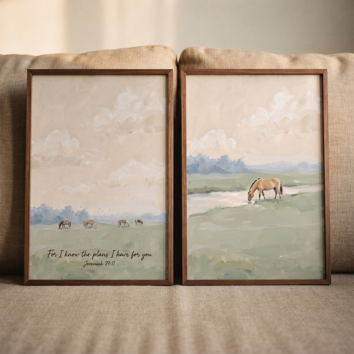 Soft apricot meadow horse wall art set of 2 with horses in a landscape and the Bible verse Jeremiah 29:11.