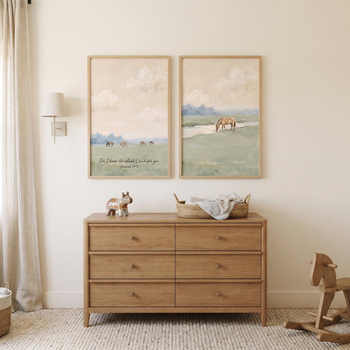 Soft Apricot Meadow Horse Wall Art Set of 2 - Faithful Horse Meadow