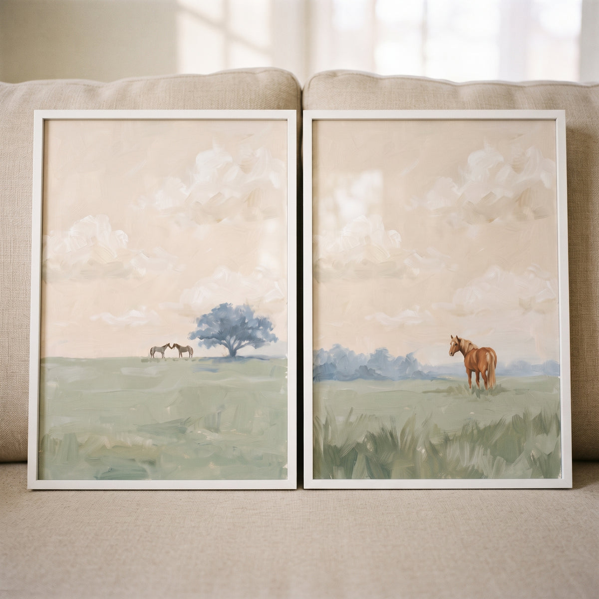Soft Apricot Sky Horses Wall Art Set of 2 - Quiet Field Duo