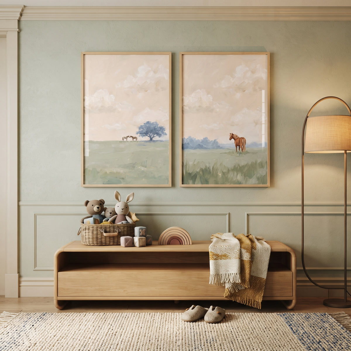 Soft Apricot Sky Horses Wall Art Set of 2 - Quiet Field Duo