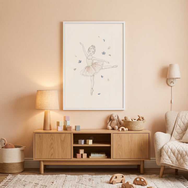 Neutral nursery with soft arabesque dancing ballerina wall art, a wooden console with toys, and a cozy armchair.