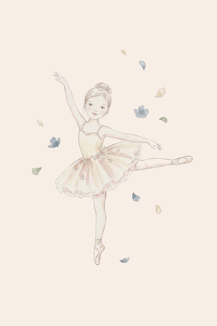 Soft arabesque dancing ballerina wall art of a young girl in a tutu and pointe shoes with floating flower petals.