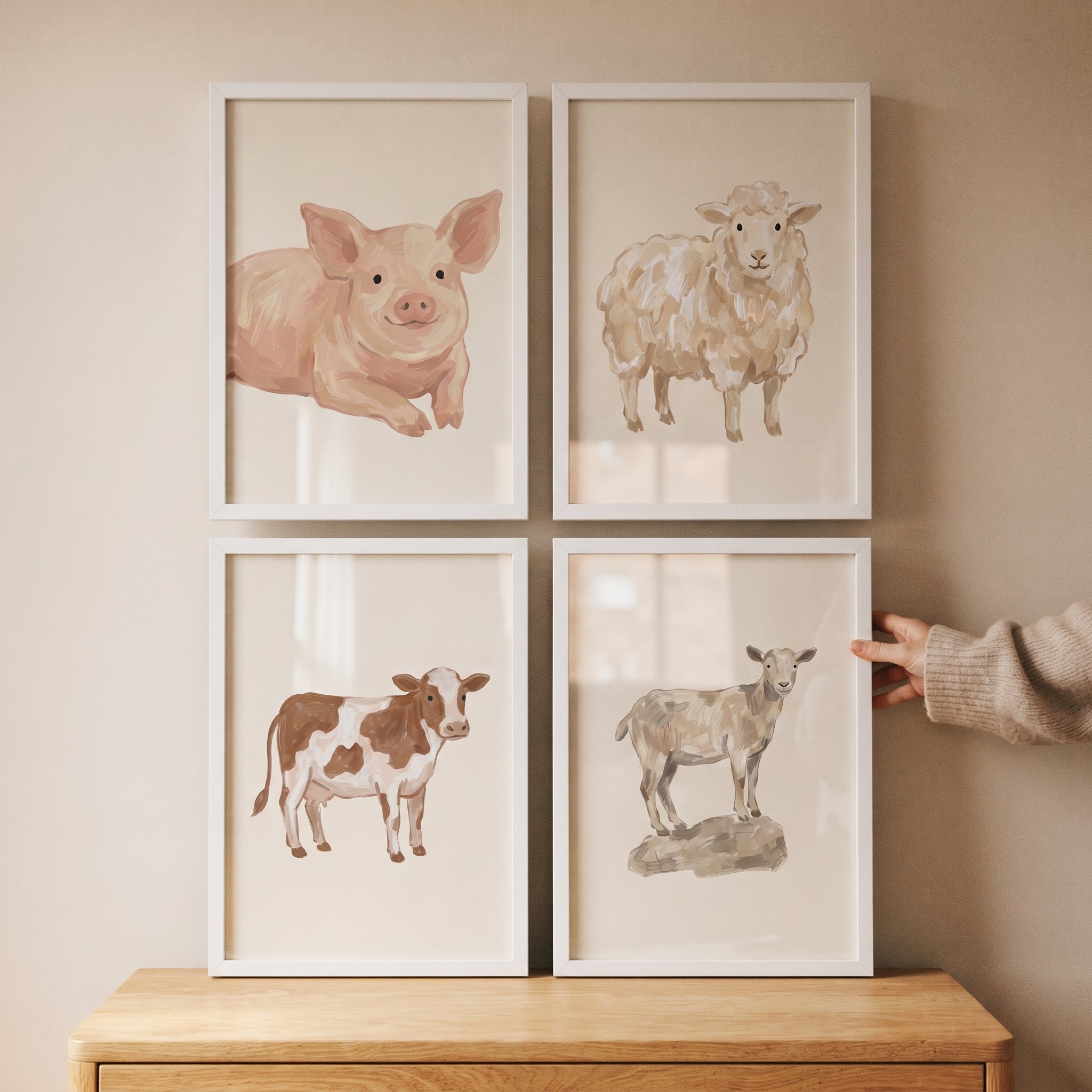 Soft Beige Farm Animals Wall Art Set of 4 - Sweet Farmhouse Friends