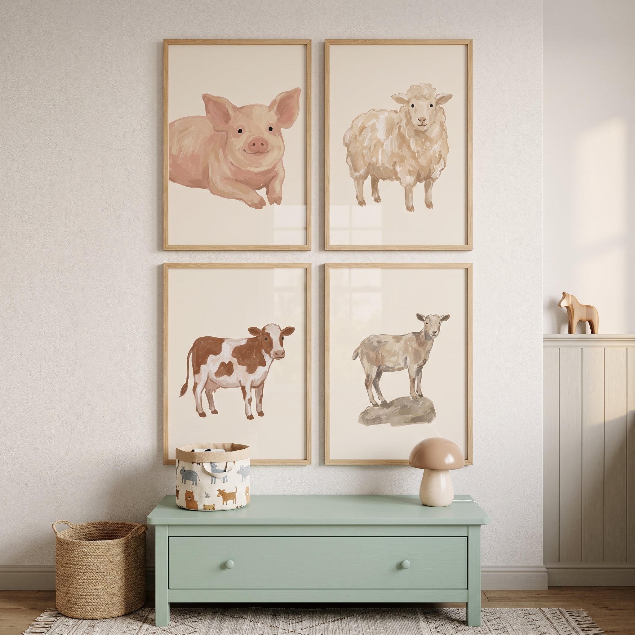 Soft Beige Farm Animals Wall Art Set of 4 - Sweet Farmhouse Friends