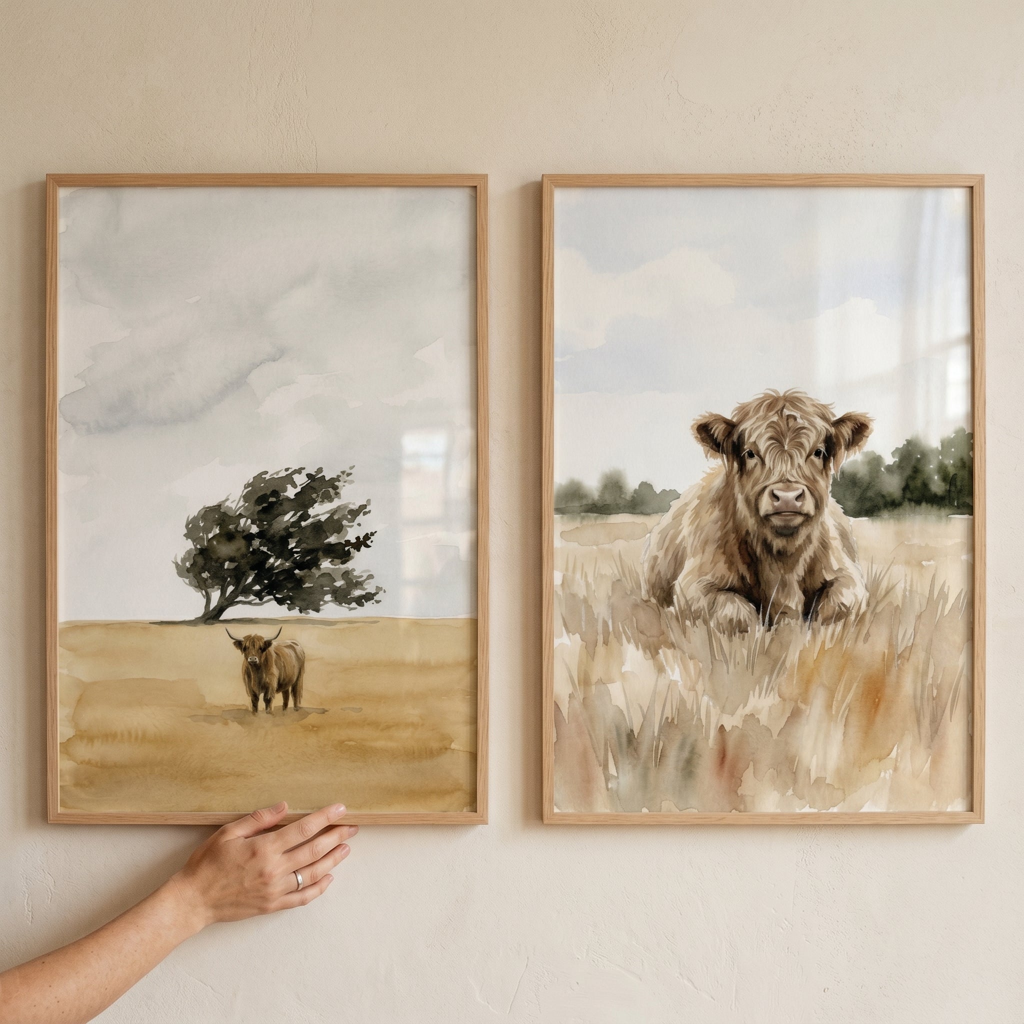 Soft Beige Highland Cow Wall Art Set of 2 - Highland Meadow Set