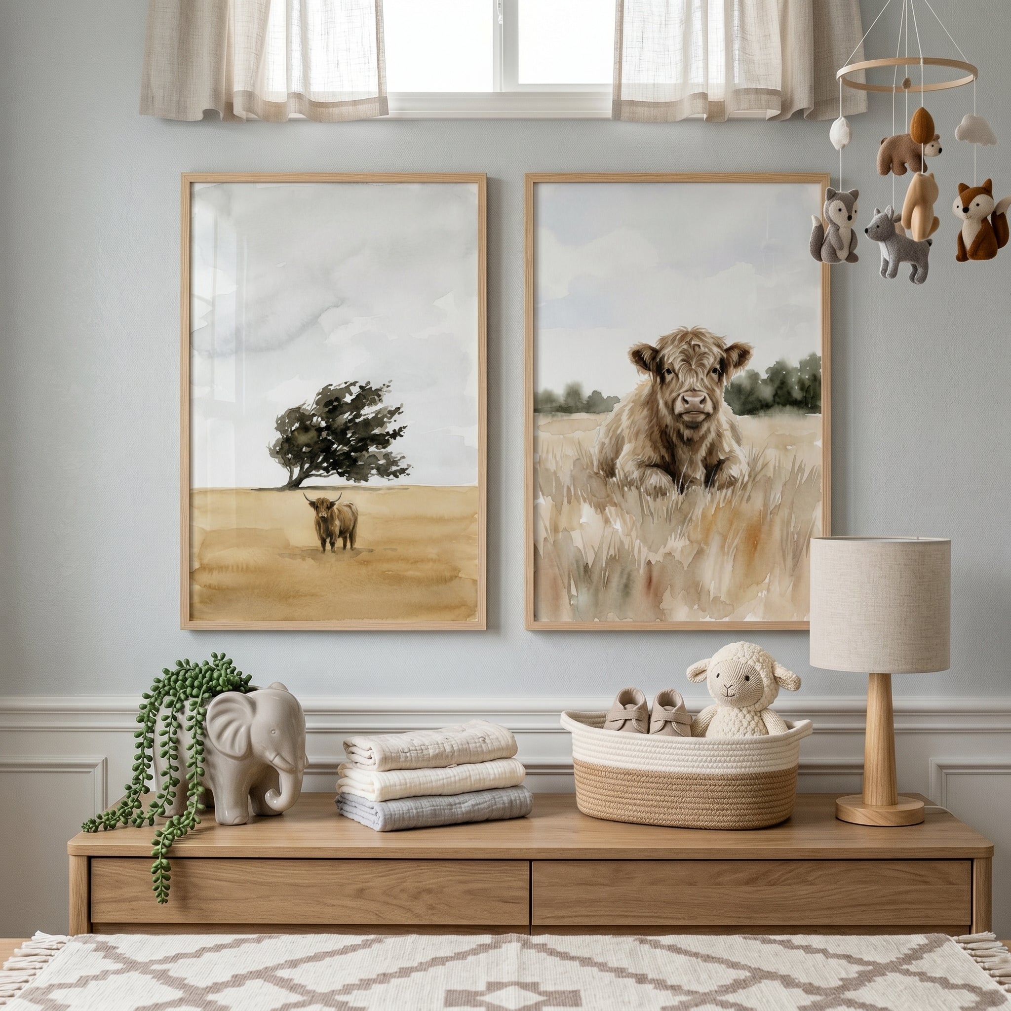 Soft Beige Highland Cow Wall Art Set of 2 - Highland Meadow Set