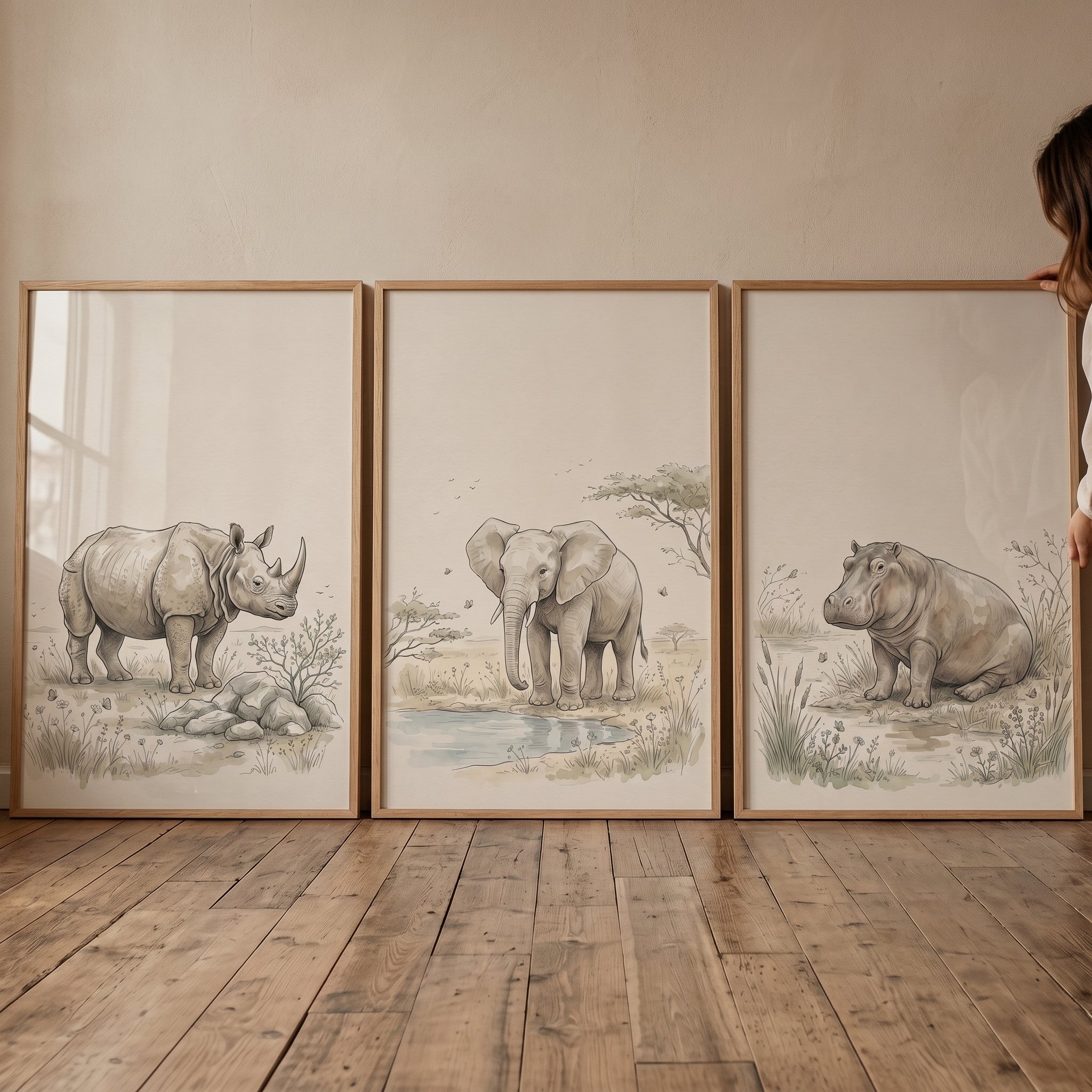 Soft Beige Savanna Animal Wall Art Set of 3 - Gentle Savanna Giants