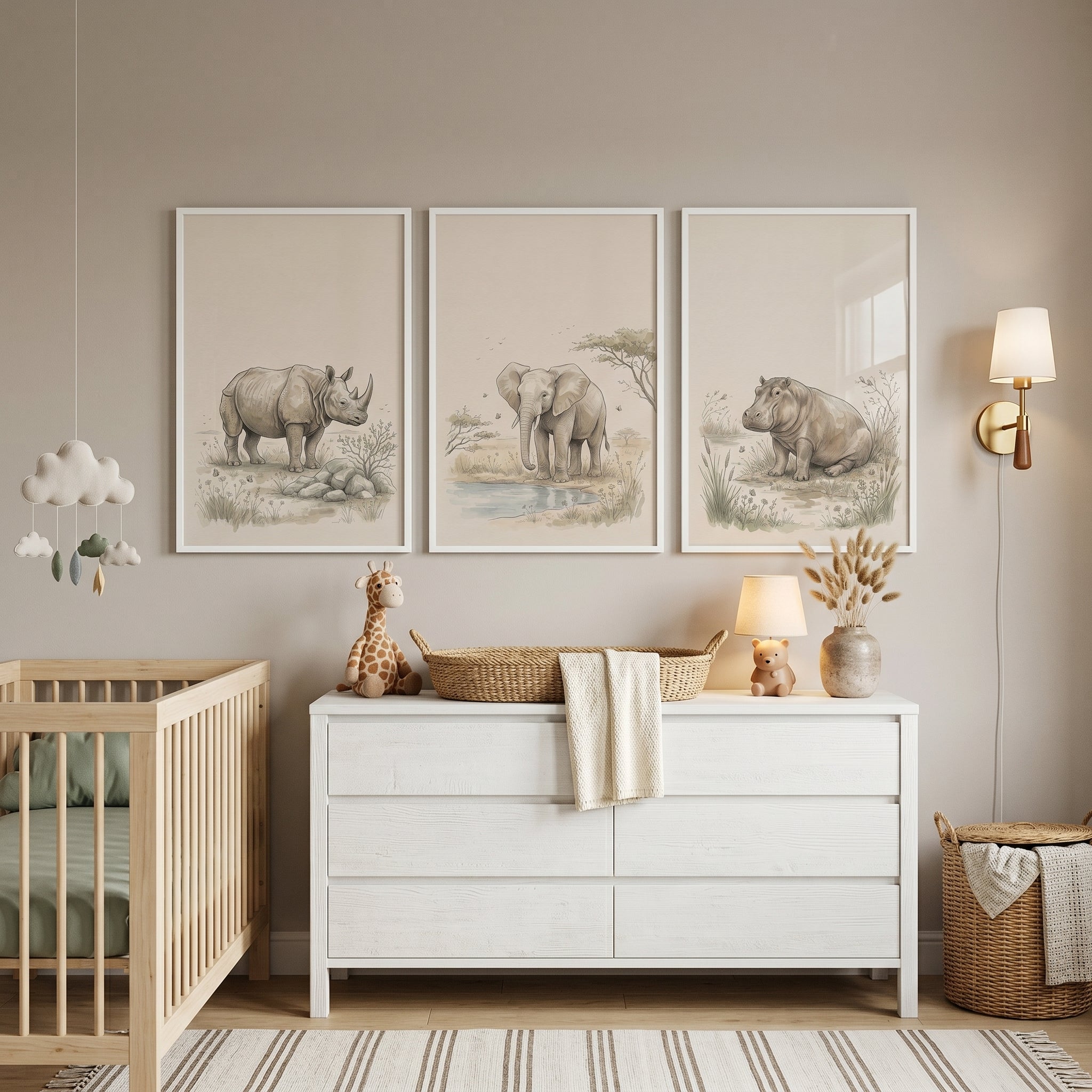 Soft Beige Savanna Animal Wall Art Set of 3 - Gentle Savanna Giants