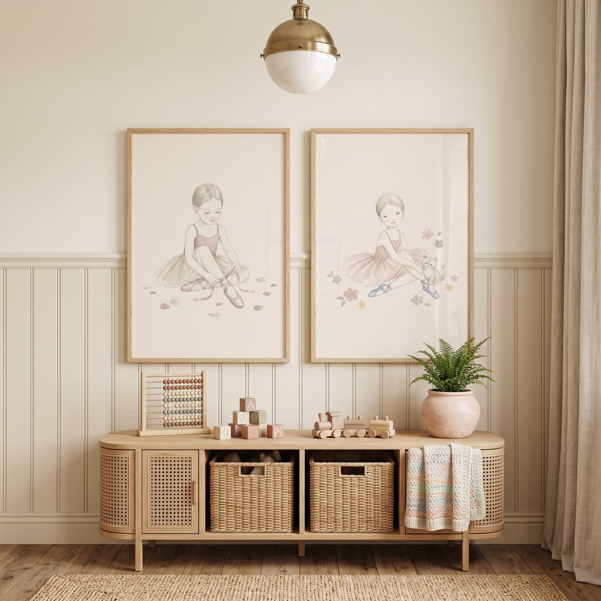 Soft Beige Sitting Ballerina Wall Art Set of 2 - Dainty Ballet Duo