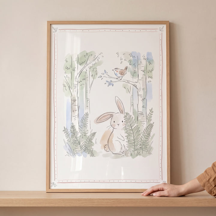 Watercolor illustration of a soft birch tree bunny wall art in a wooden frame featuring a bird, ferns, and tall trees.