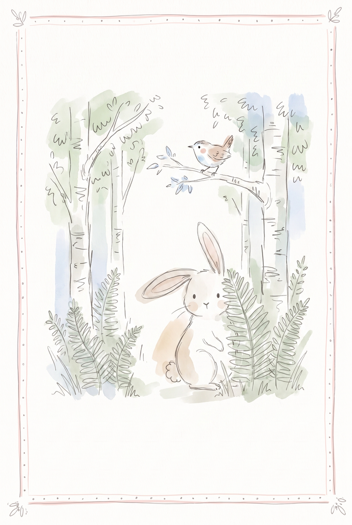 Soft birch tree bunny wall art featuring a cute rabbit hiding in ferns with a small bird perched on a branch.