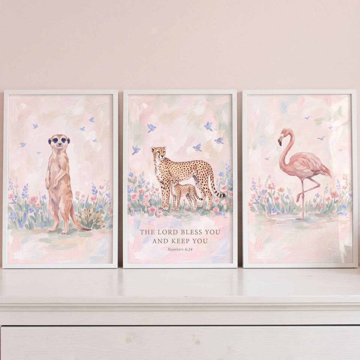 Soft Blooming Safari Animals Wall Art Set Of 3 - Pastel Wildlife Blessing