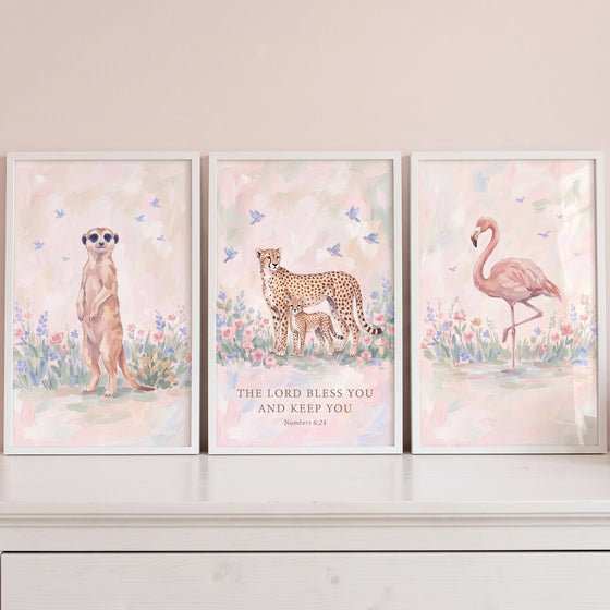 Soft blooming safari animals wall art set of 3 featuring a meerkat, cheetah with cub, flamingo, and a Bible verse.