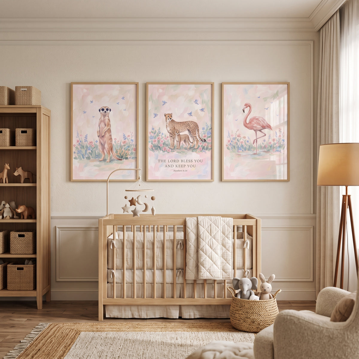 Soft Blooming Safari Animals Wall Art Set Of 3 - Pastel Wildlife Blessing