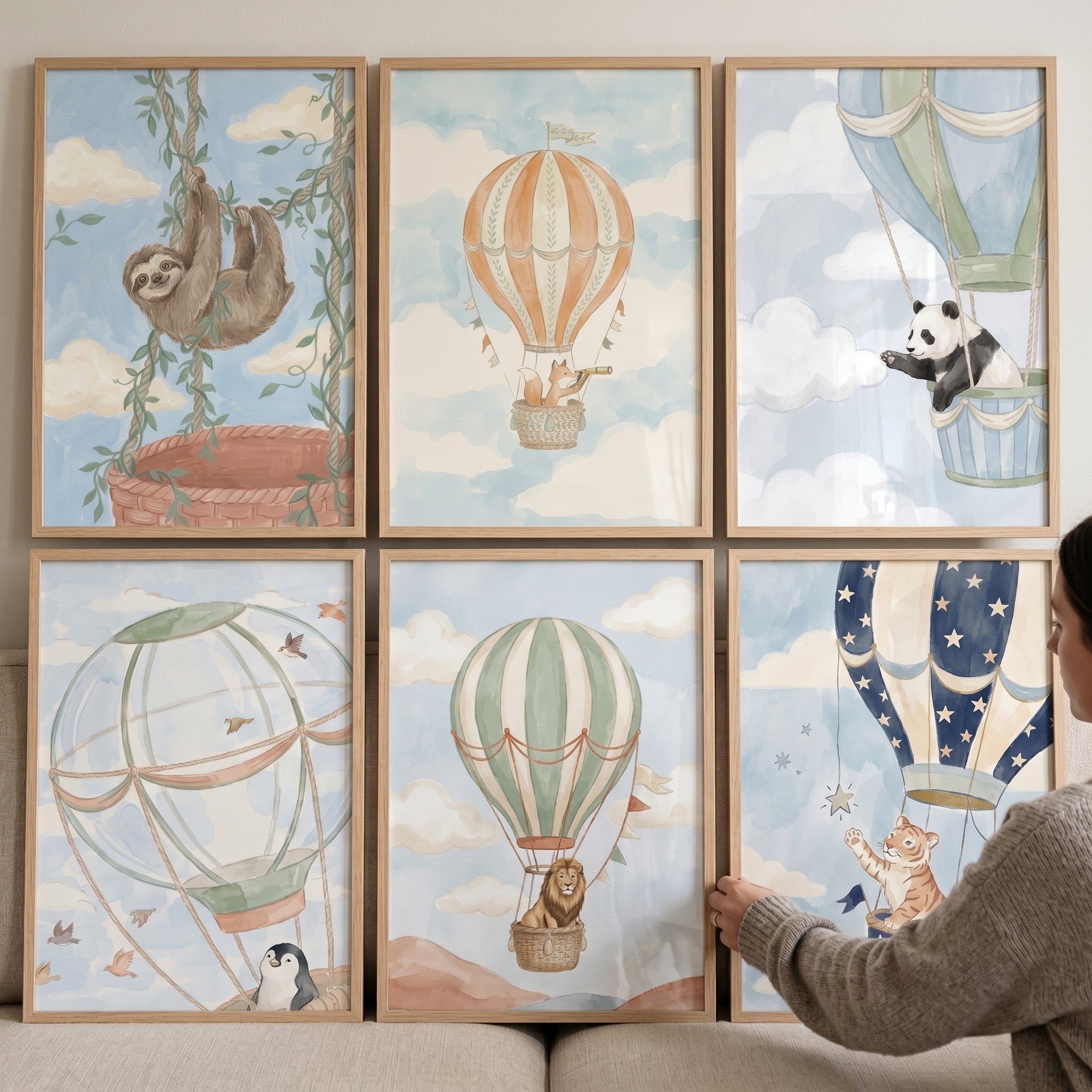 Soft Blue Balloon Animals Wall Art Set of 6 - Whimsical Balloon Voyage