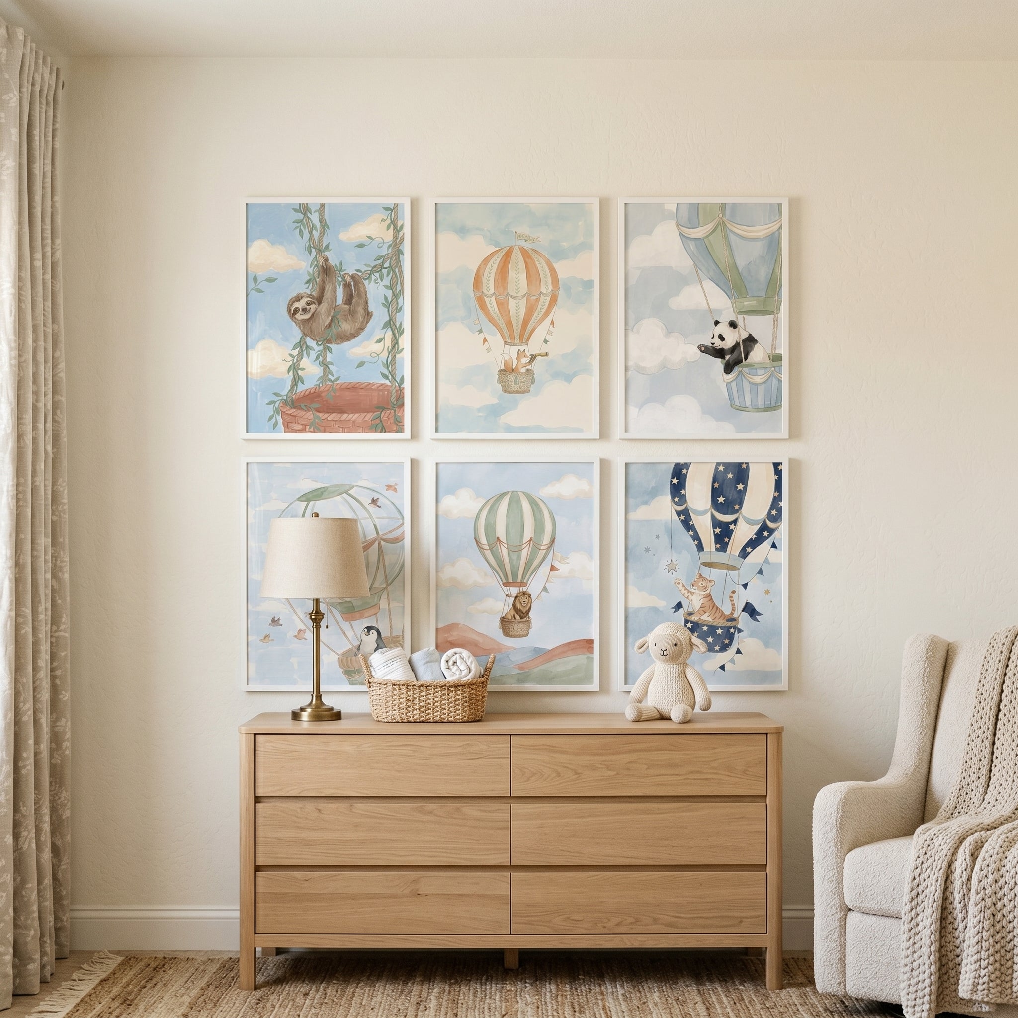 Soft Blue Balloon Animals Wall Art Set of 6 - Whimsical Balloon Voyage