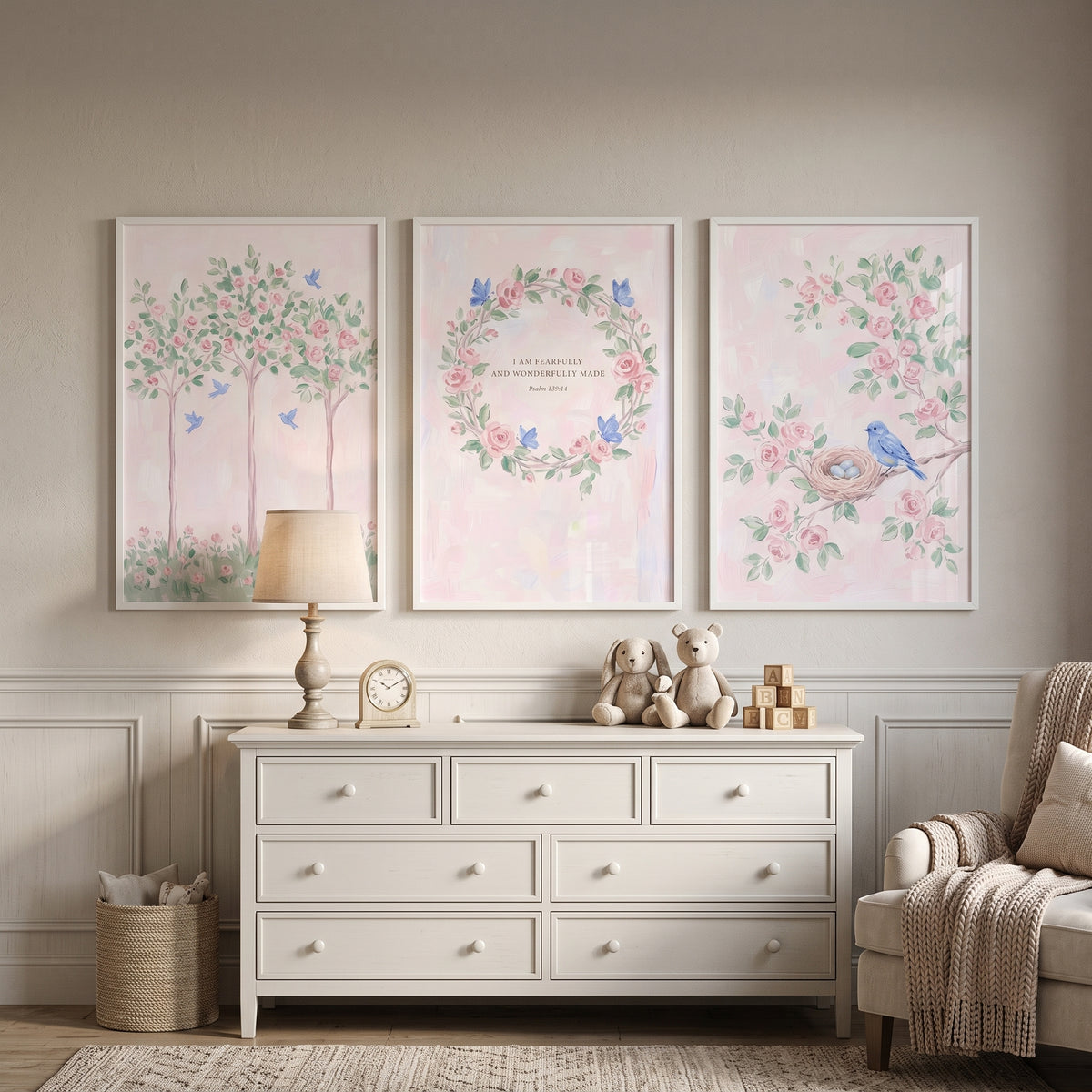 Soft Blue Bird Garden Wall Art Set of 3 - Pastel Garden Verse