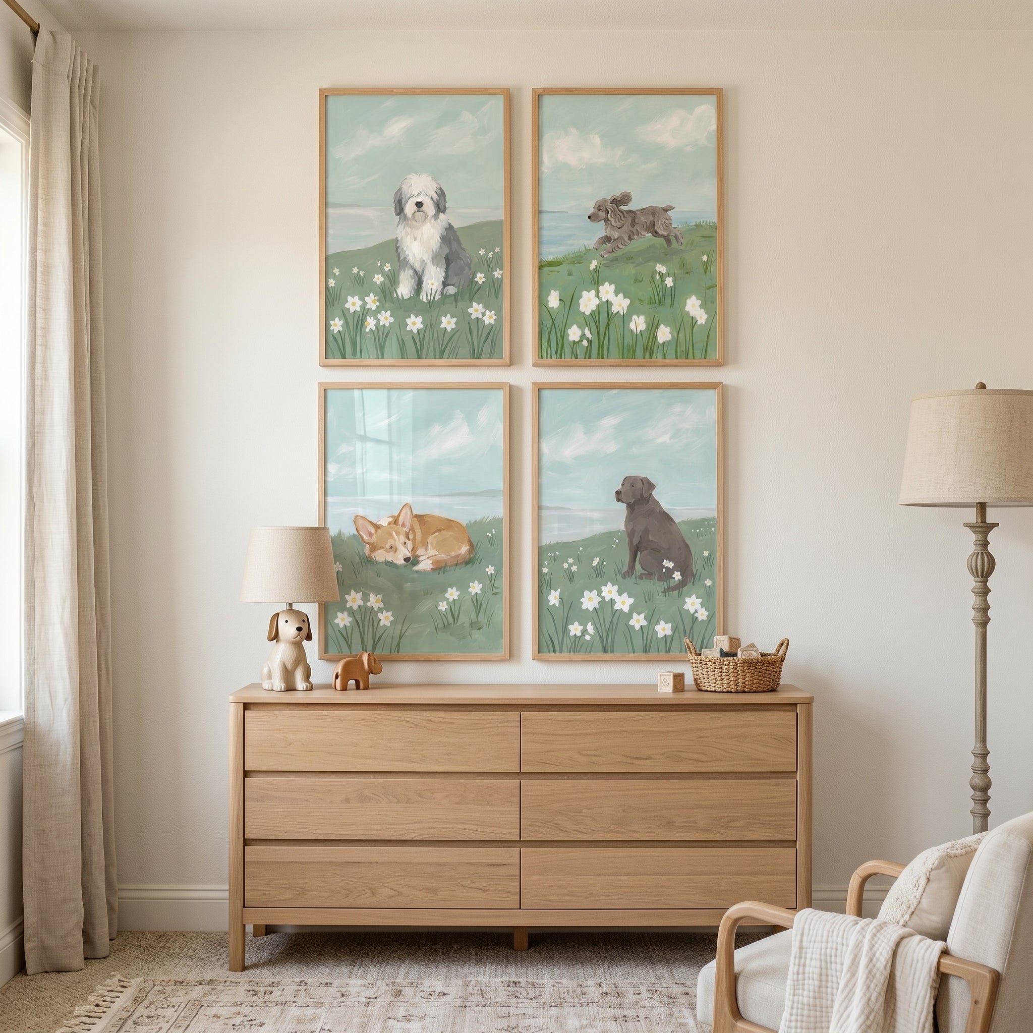Soft Blue Coastal Dog Wall Art Set of 4 - Floral Meadow Pups