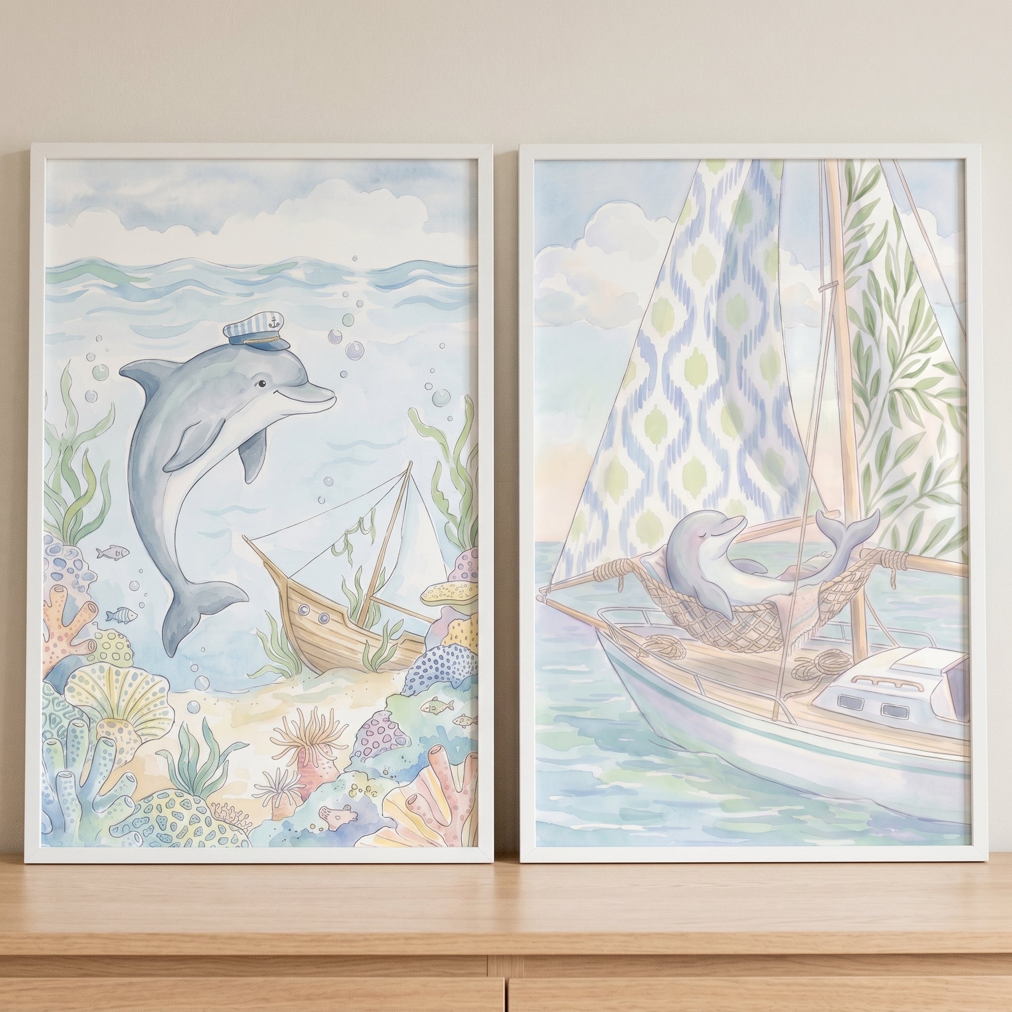 Soft Blue Coastal Dolphin Wall Art Set of 2 - Nautical Dolphin Journey
