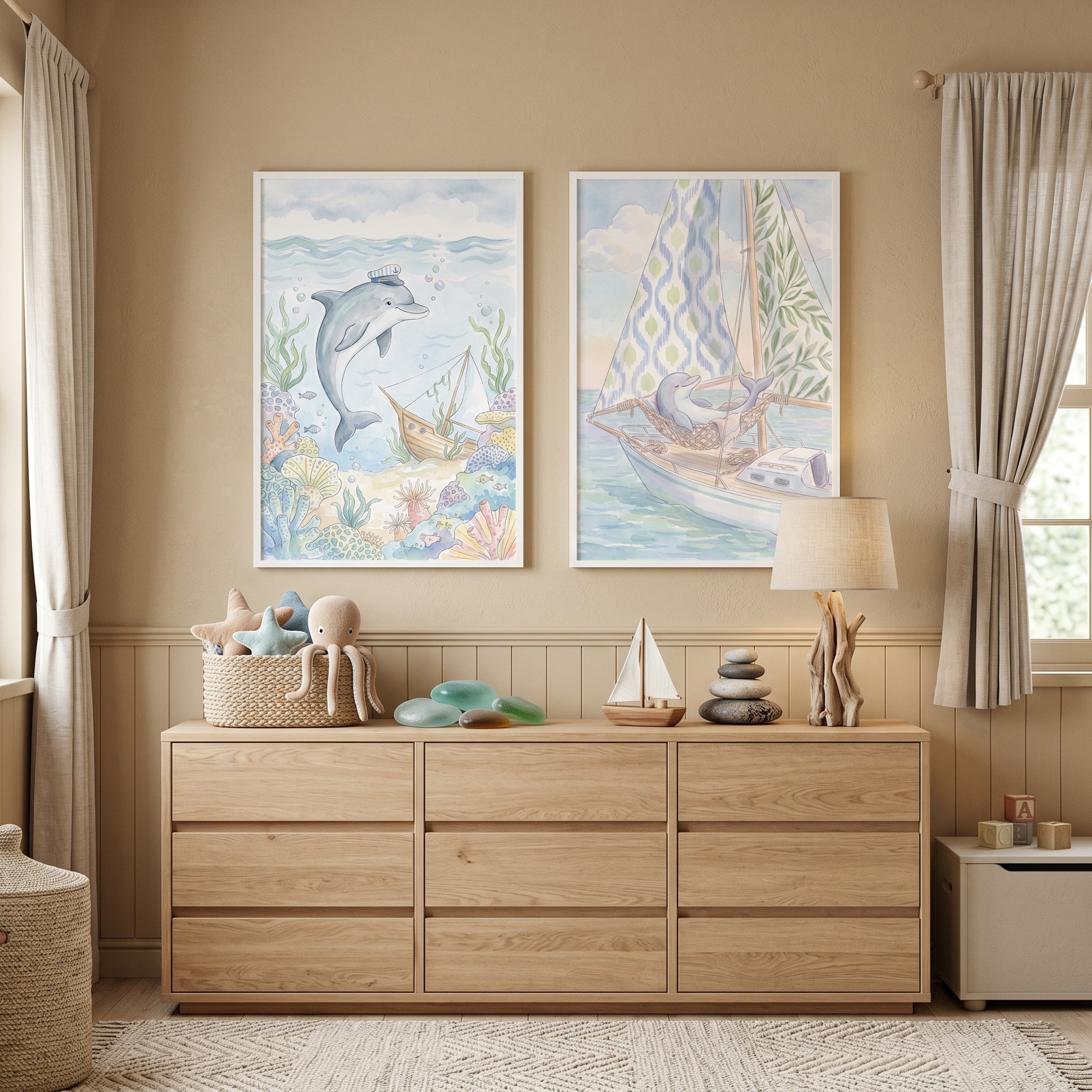 Soft Blue Coastal Dolphin Wall Art Set of 2 - Nautical Dolphin Journey