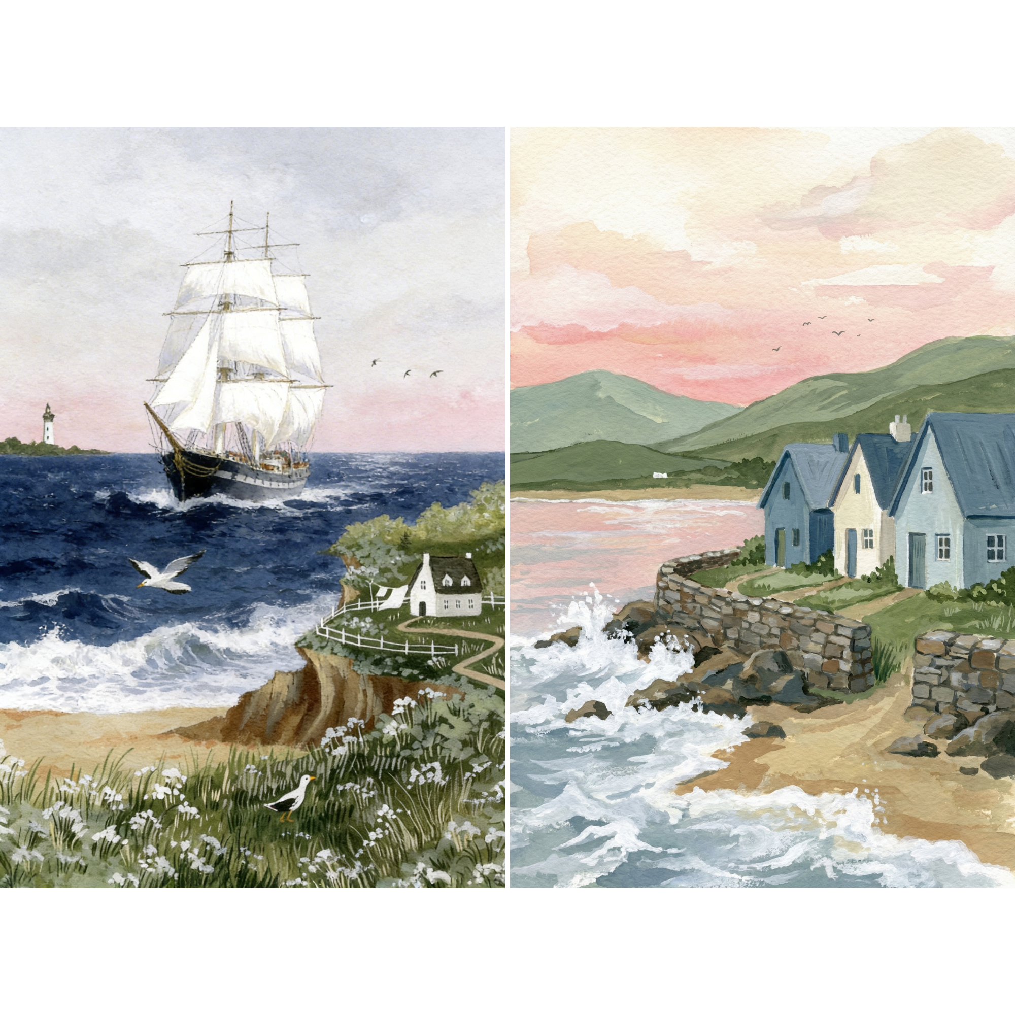 Soft Blue Coastal Landscape Wall Art Set of 2 - Coastal Cottage Life