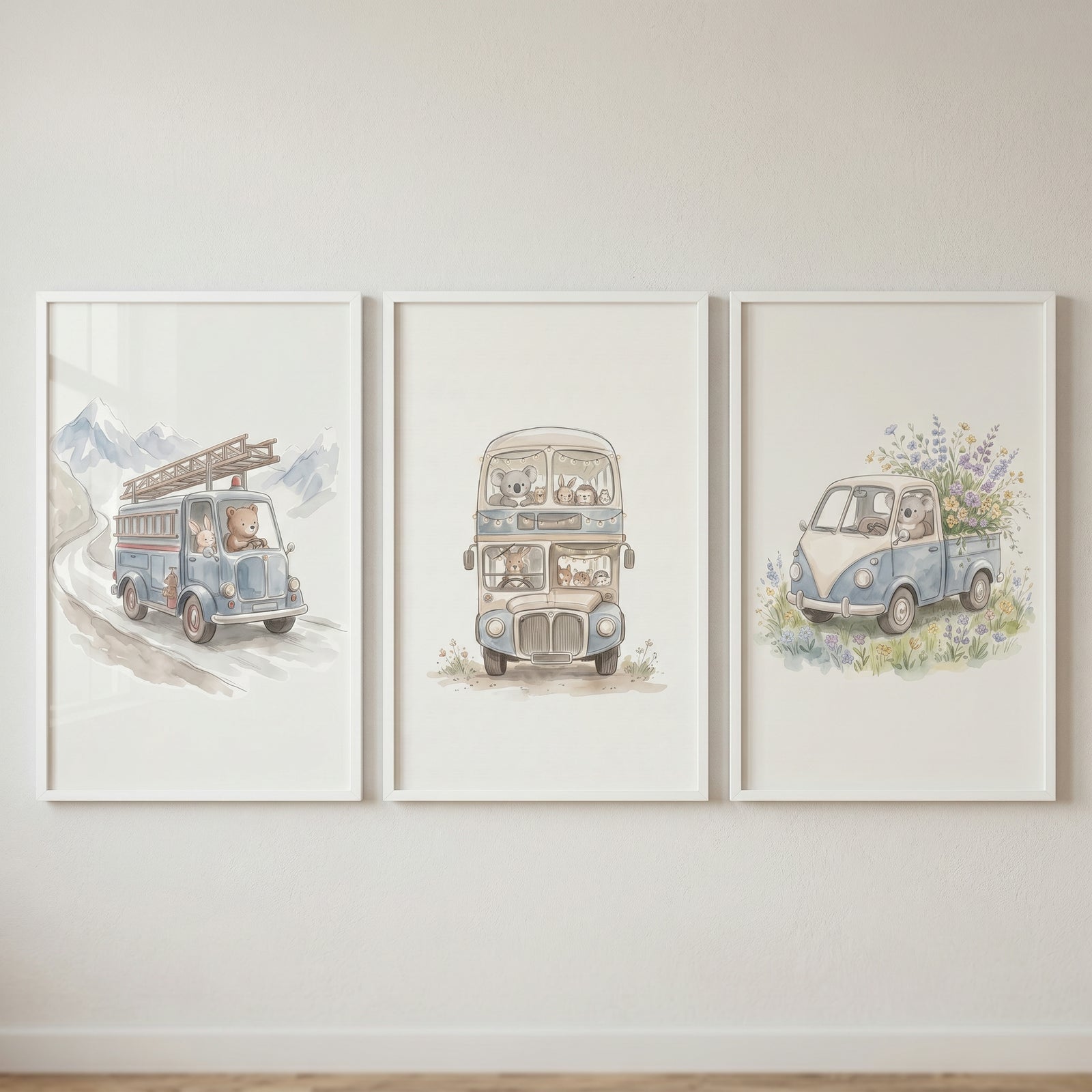 Soft blue driving animals wall art set of 3 shows watercolor animals in a bus, a flower truck, and a van with a ladder.