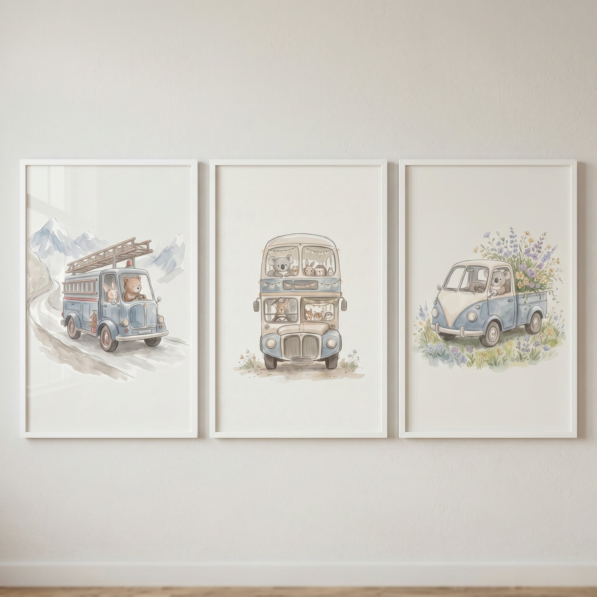 Soft Blue Driving Animals Wall Art Set of 3 - Little Woodland Drivers