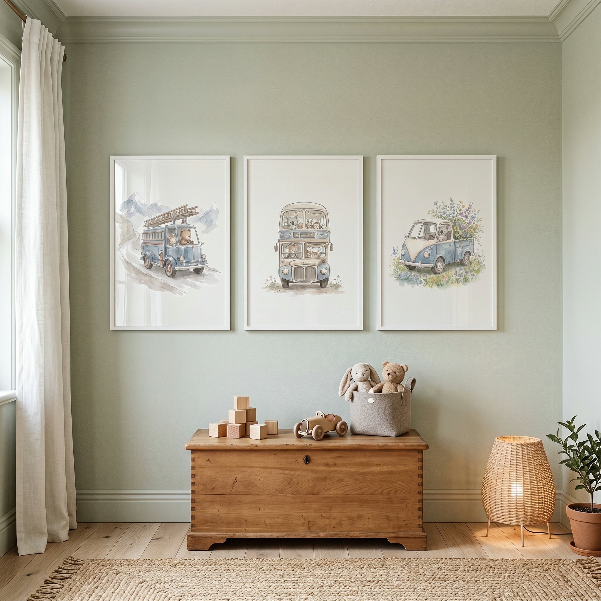 Soft Blue Driving Animals Wall Art Set of 3 - Little Woodland Drivers