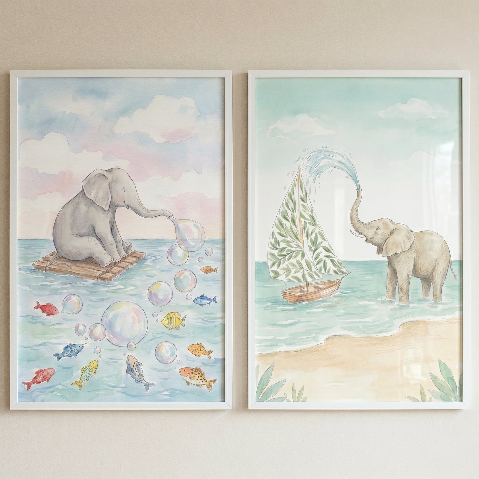 Soft blue elephant artwork set of 2 shows an elephant blowing bubbles on a raft and another spraying a leafy boat.
