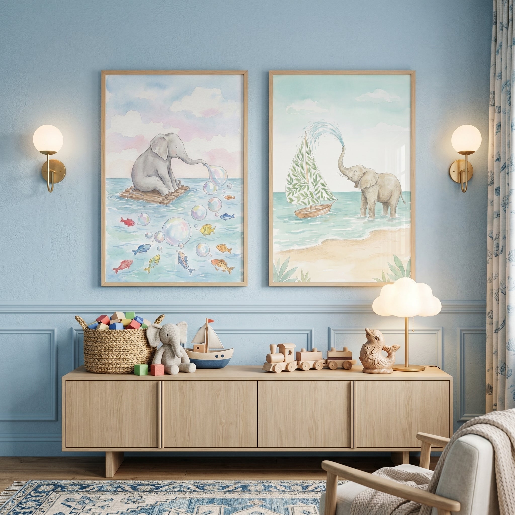 Soft Blue Elephant Artwork Set of 2 - Whimsical Seaside Elephants
