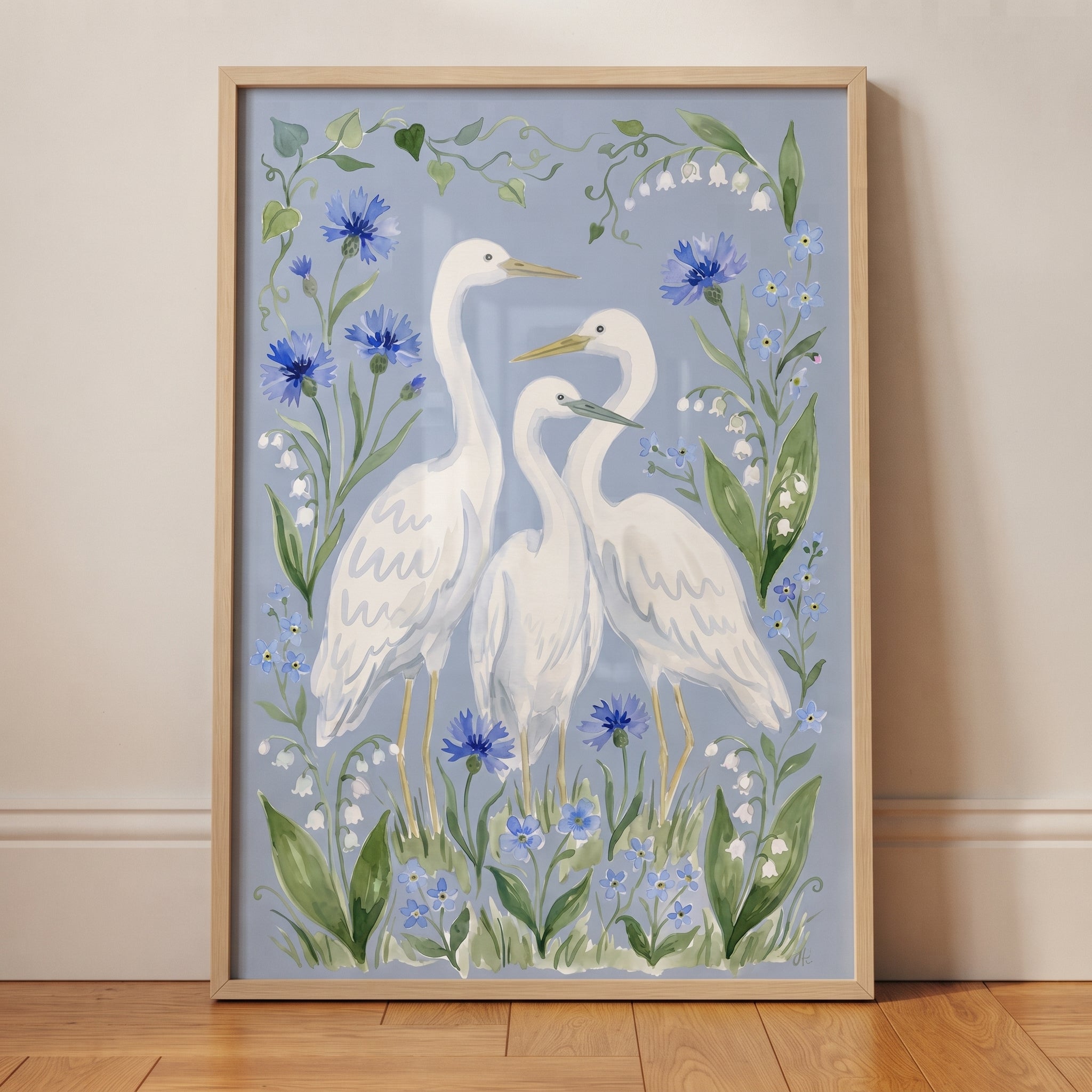 Soft Blue Floral Egret Bird Wall Art - Elegant Garden Egrets
