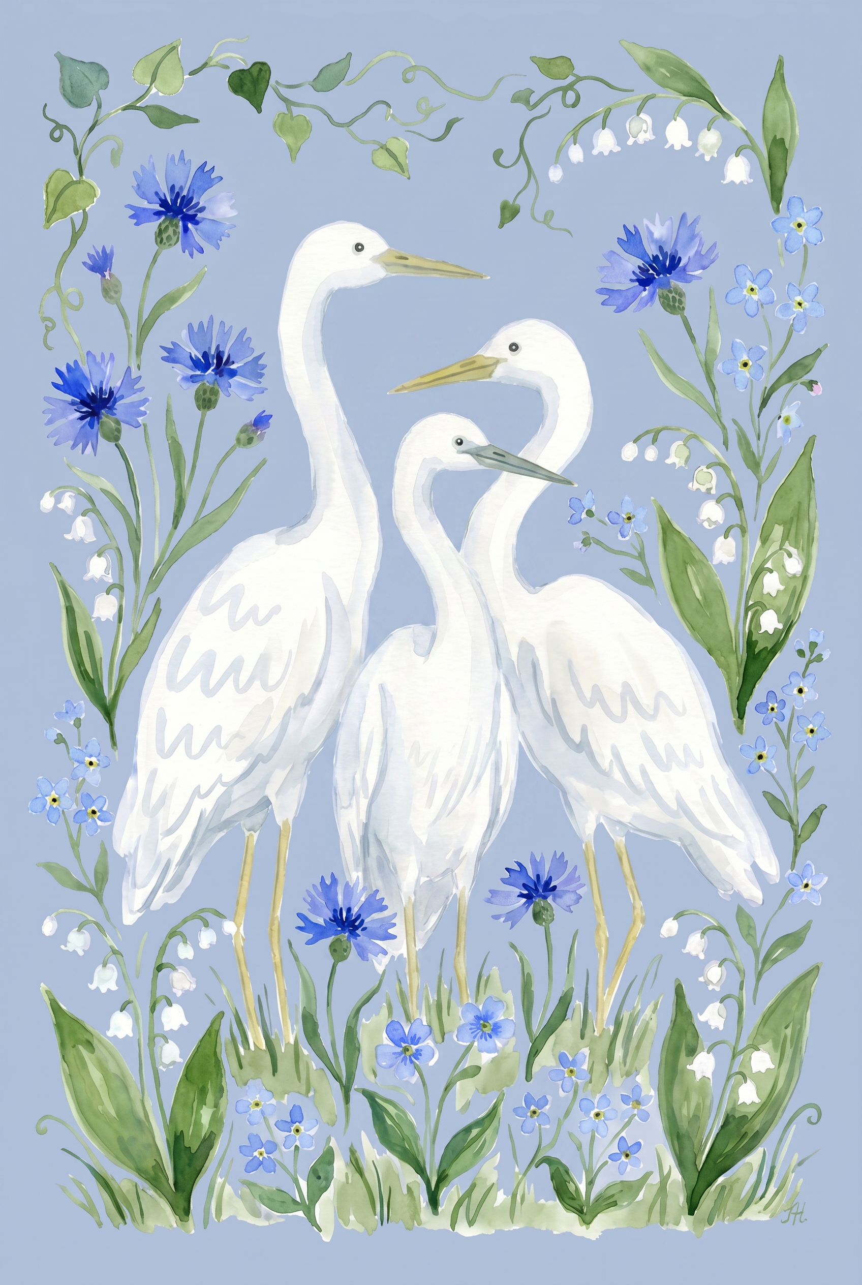 Soft Blue Floral Egret Bird Wall Art - Elegant Garden Egrets