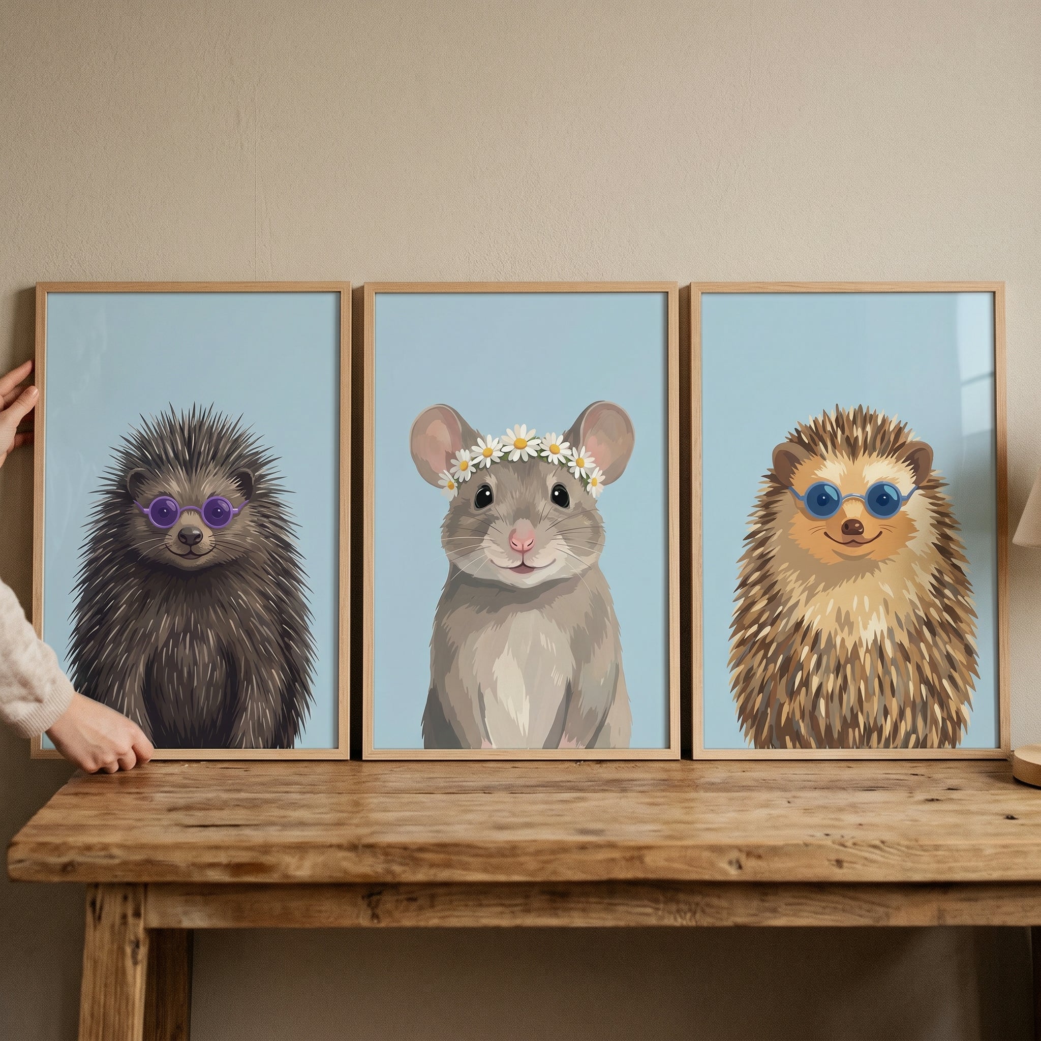 Soft Blue Forest Animal Wall Art Set of 3 - Whimsical Woodland Trio