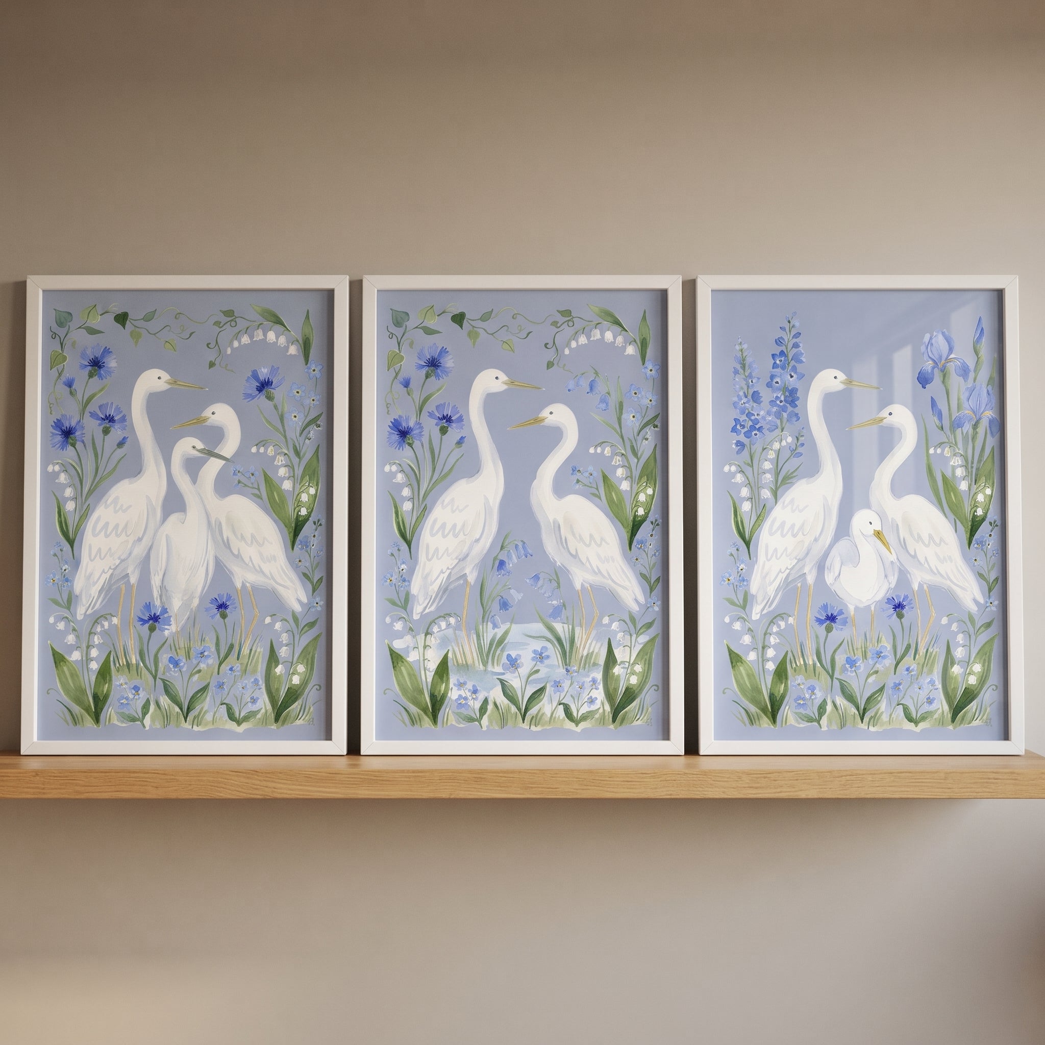 Soft Blue Garden Heron Bird Wall Art Set of 3 - Serene White Herons
