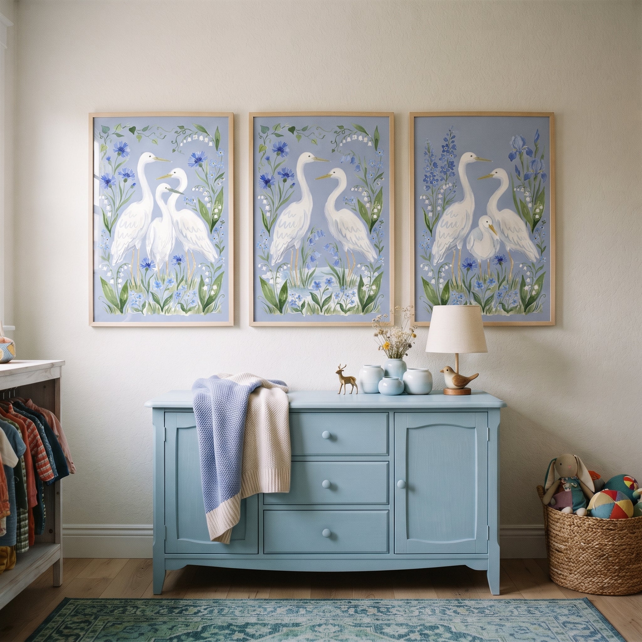 Soft Blue Garden Heron Bird Wall Art Set of 3 - Serene White Herons