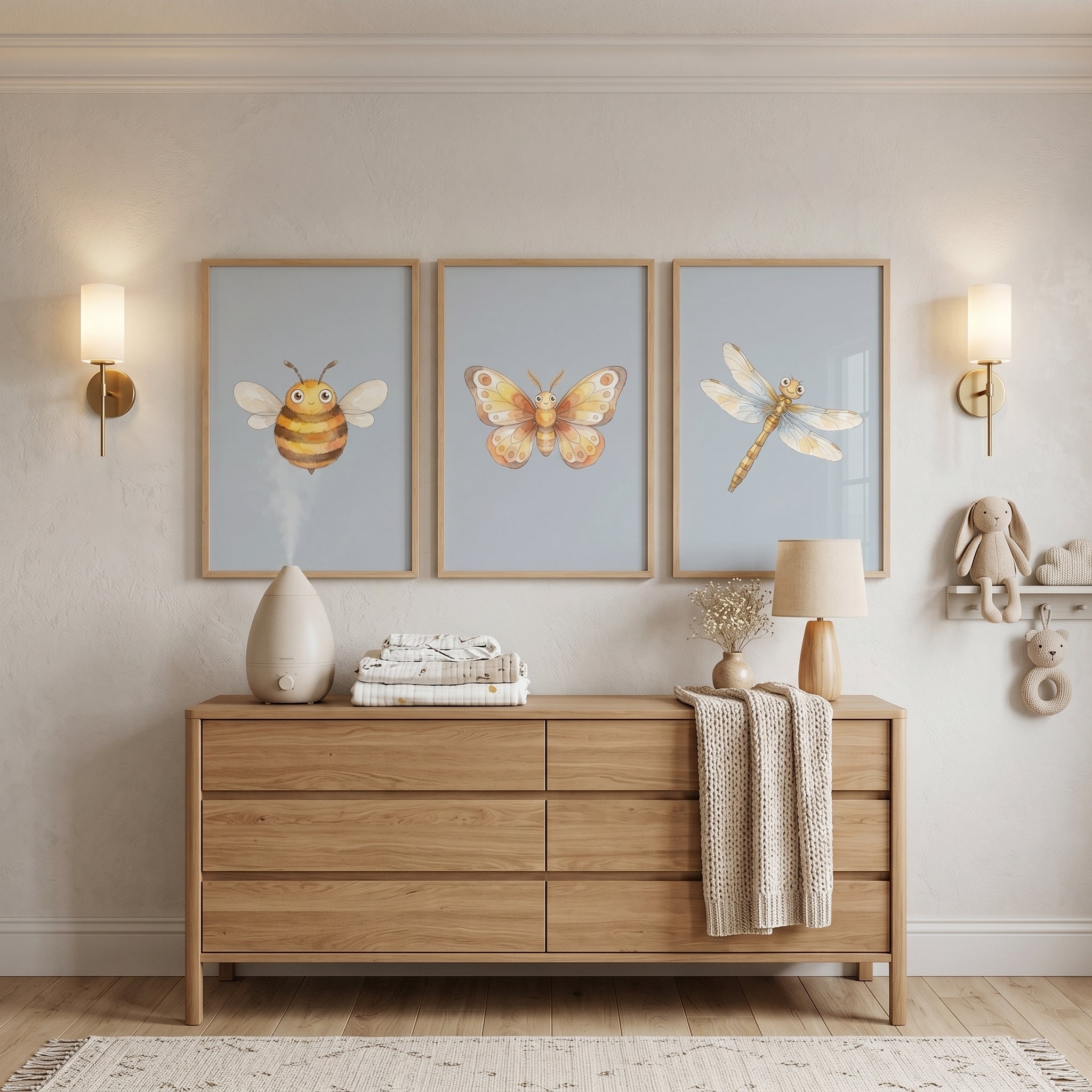 Soft Blue Insect Wall Art Set of 3 - Whimsical Winged Friends