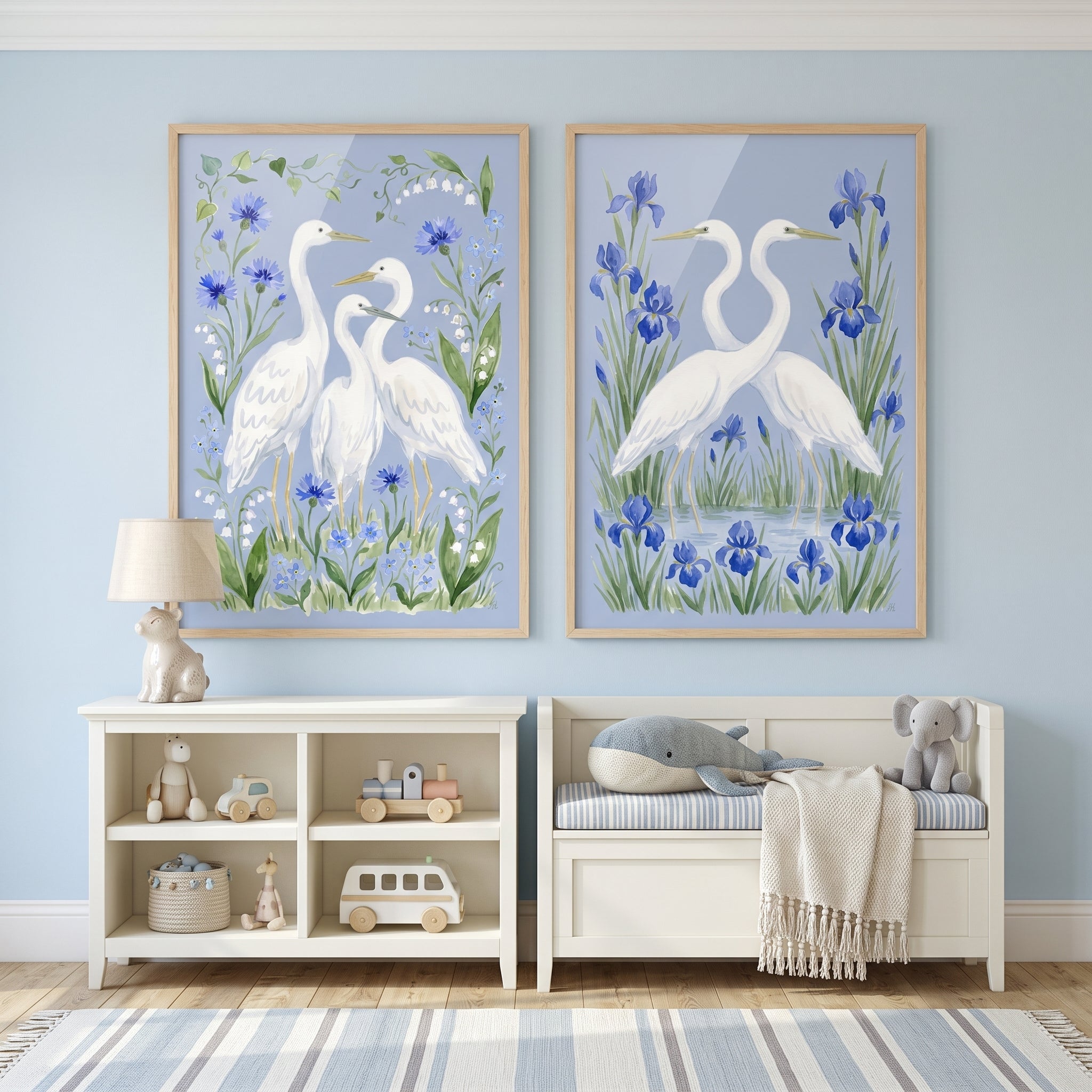 Soft Blue Meadow Egret Bird Wall Art Set of 2 - Floral Egret Haven