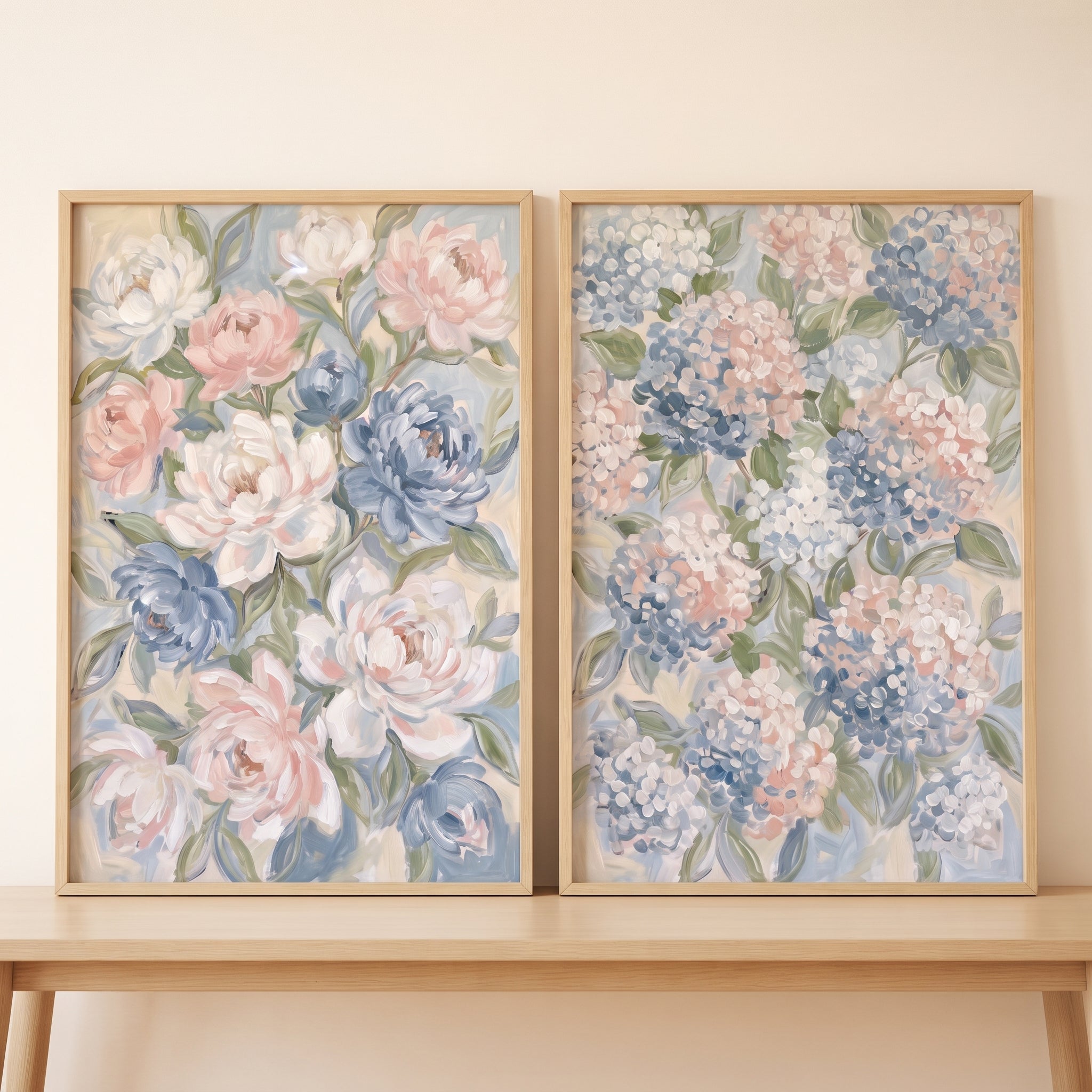 Soft Blue Pink Floral Wall Art Set of 2 - Pastel Garden Blooms