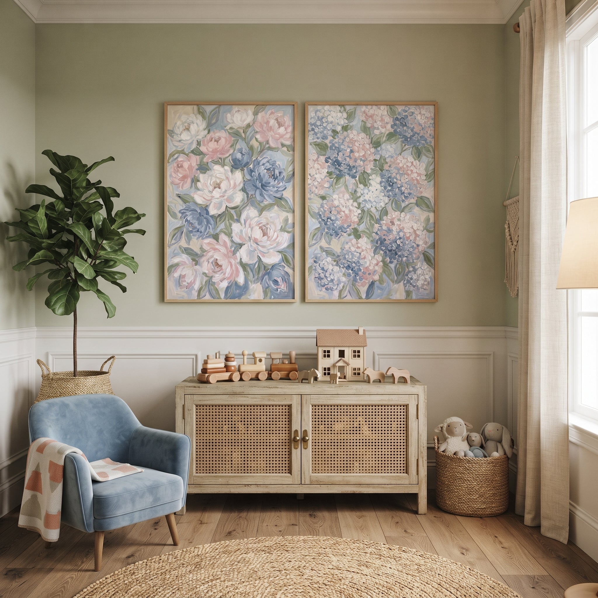 Soft Blue Pink Floral Wall Art Set of 2 - Pastel Garden Blooms