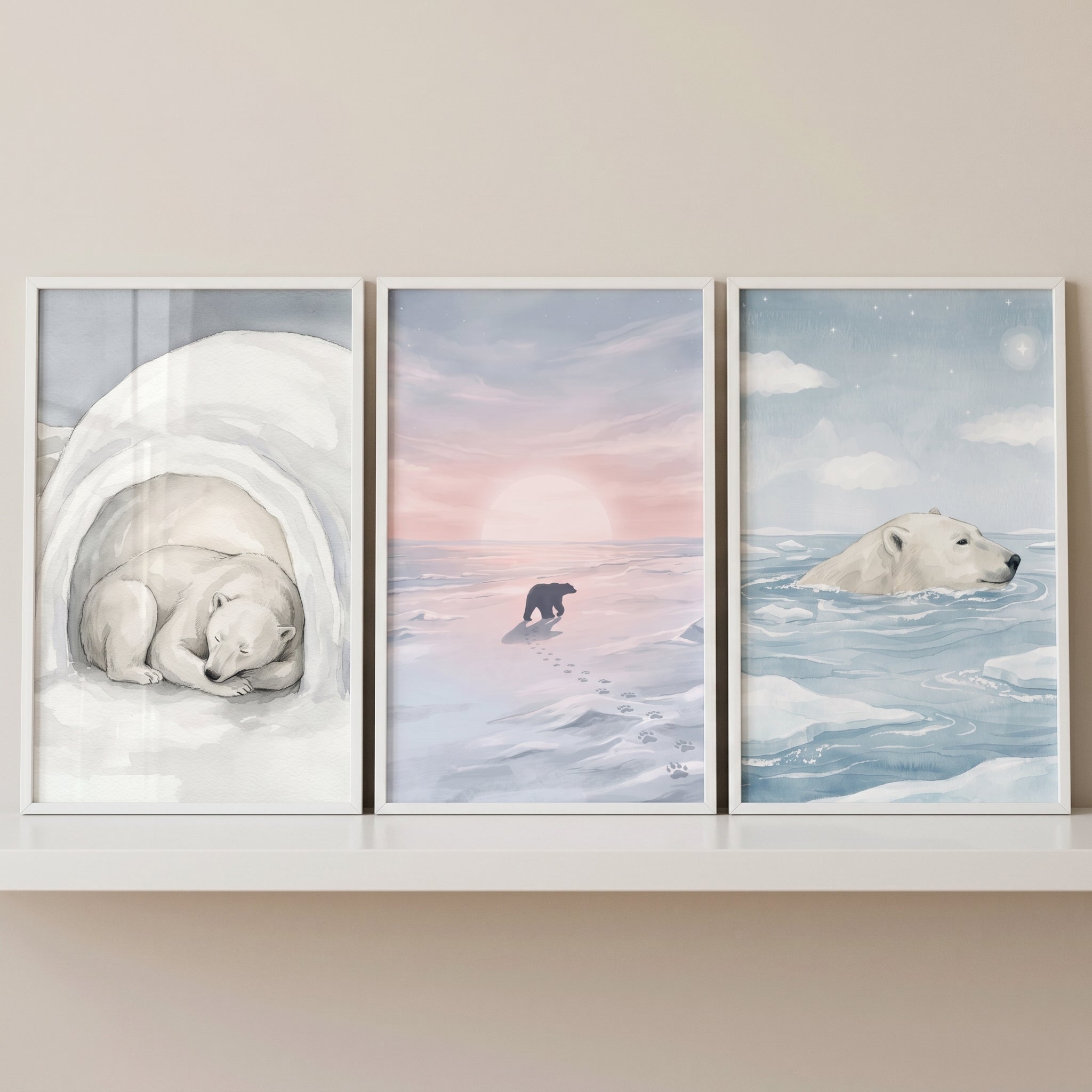 Soft Blue Polar Bear Wall Art Set of 3 - Arctic Bear Life