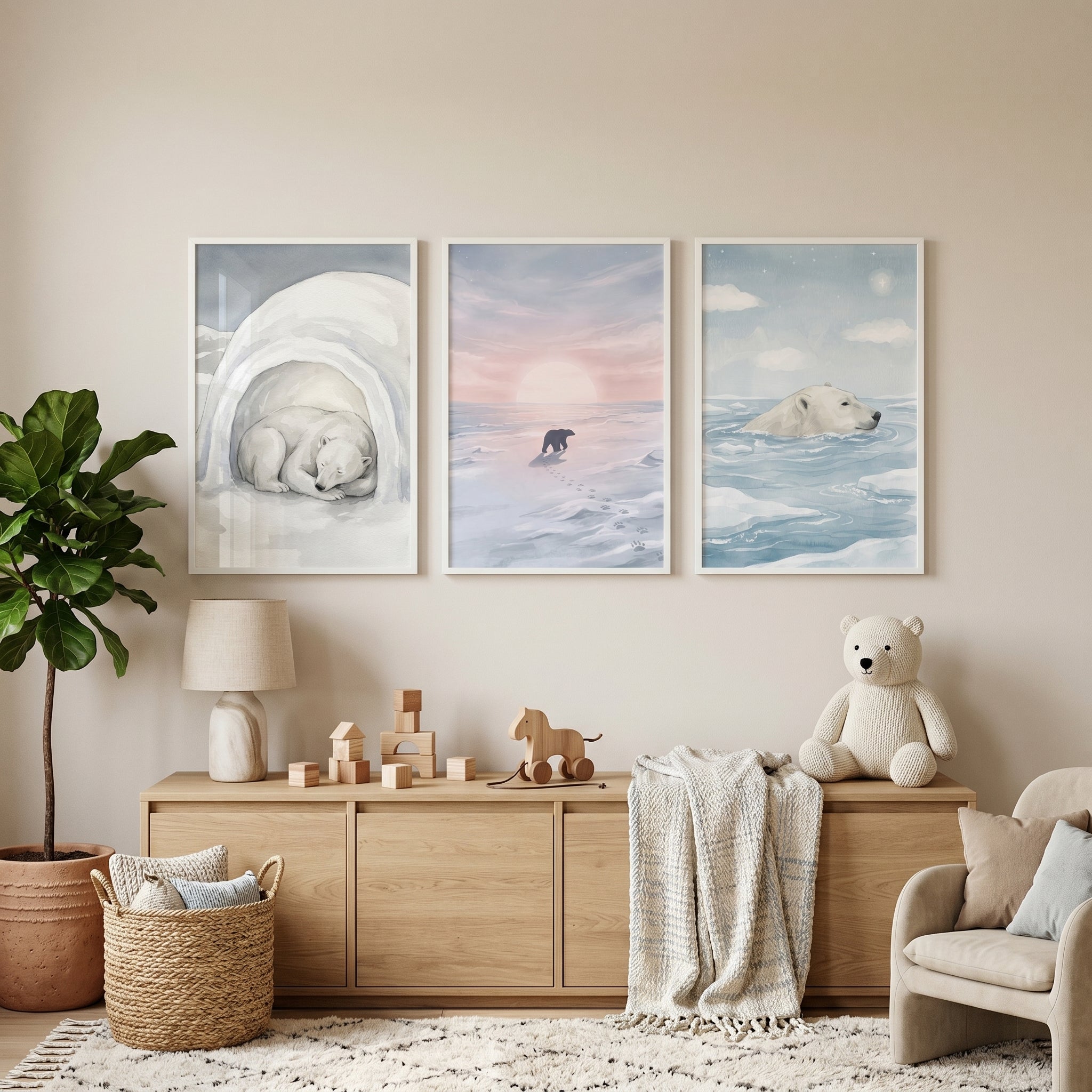 Soft Blue Polar Bear Wall Art Set of 3 - Arctic Bear Life